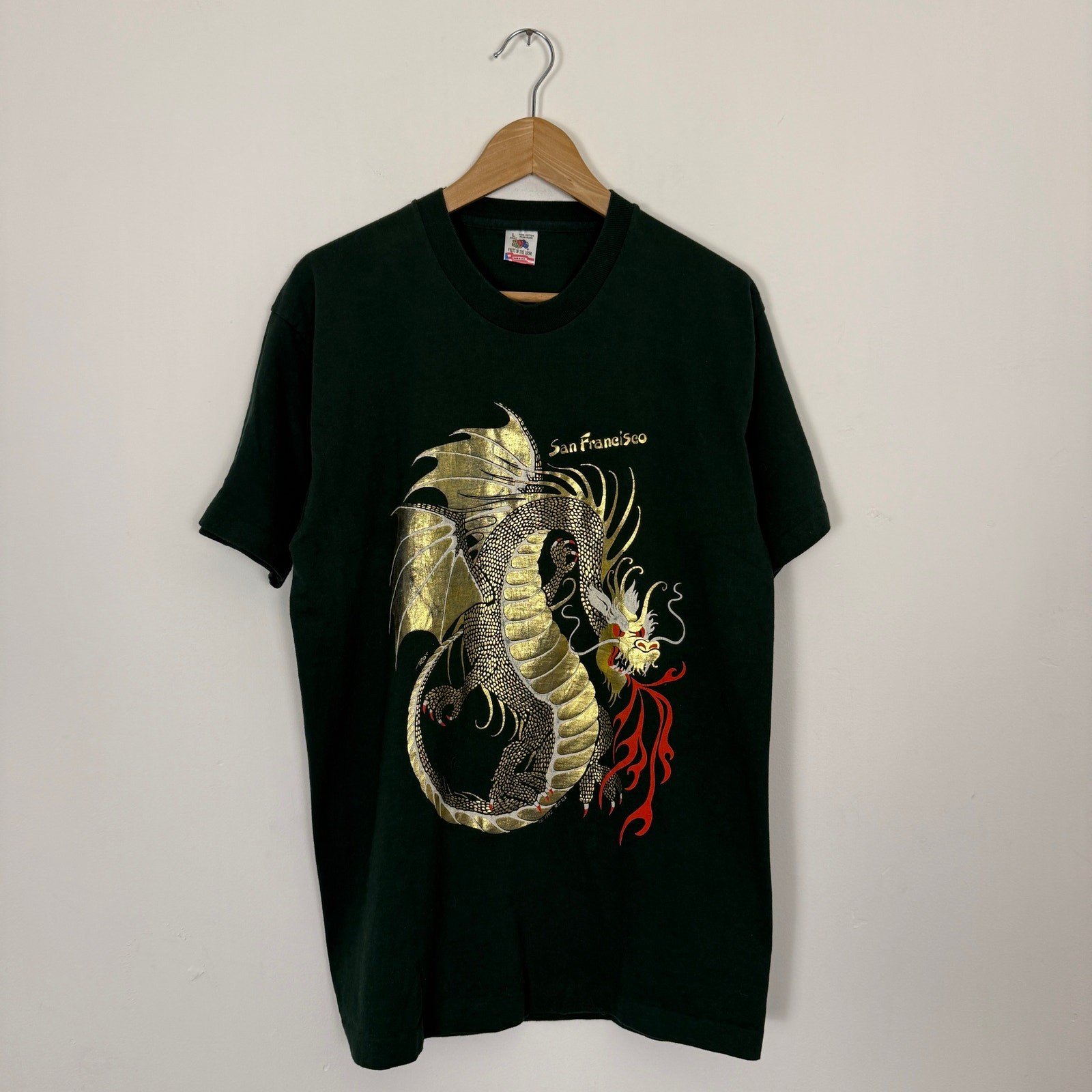 Vintage 90s Gold Metallic Foil Dragon Asian Tee Shirt Green Large Single Stitch