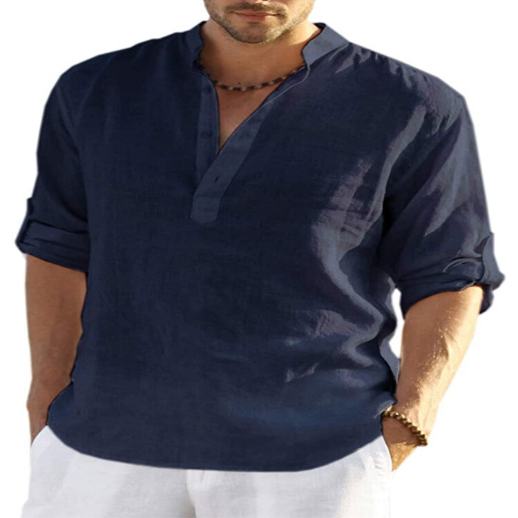 Mens Cotton Linen Long Sleeve Shirt Solid Loose Blouse Button Down Tops T Shirt