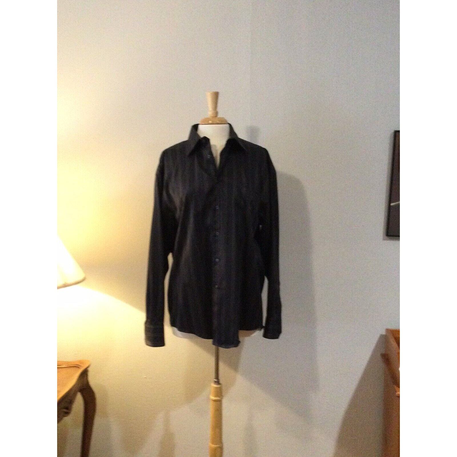 Pronto-Uomo Non Iron Blk Stripe L/S w/Pocket Button Down Dress Shirt Size Large
