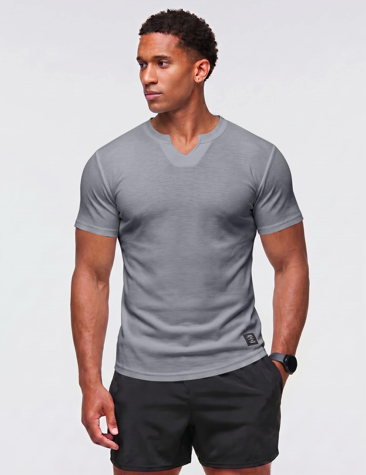 Mens Muscle Slim T Shirts Texture V Neck Longline Henley Gym Workout Athletic…