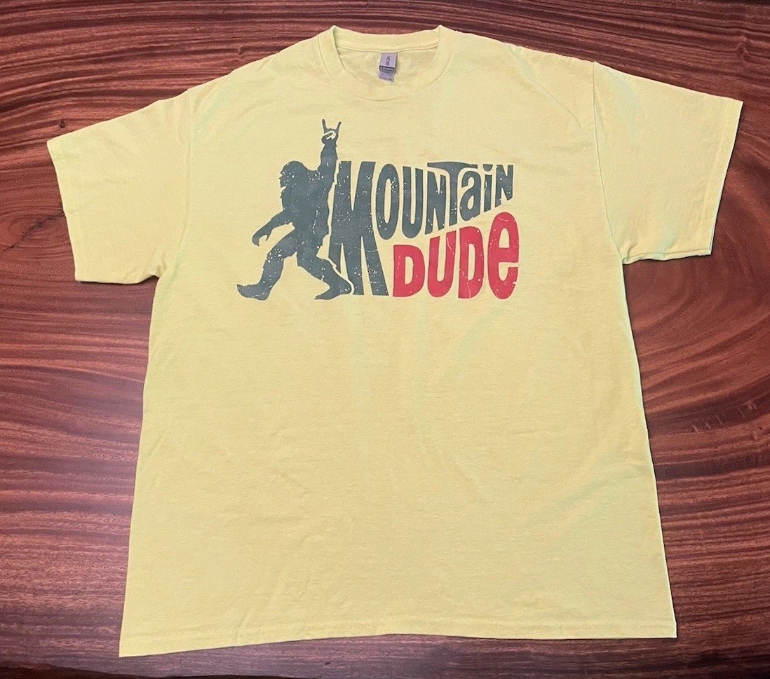 Bigfoot Sasquatch Yeti Mountain Dude Mens XL T shirt Bright Yellow Cotton Gildan