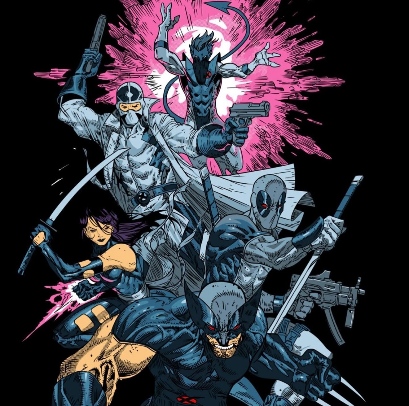 Uncanny X-Force Tee Shirt x-men wolverine psylocke deadpool whitegold industries