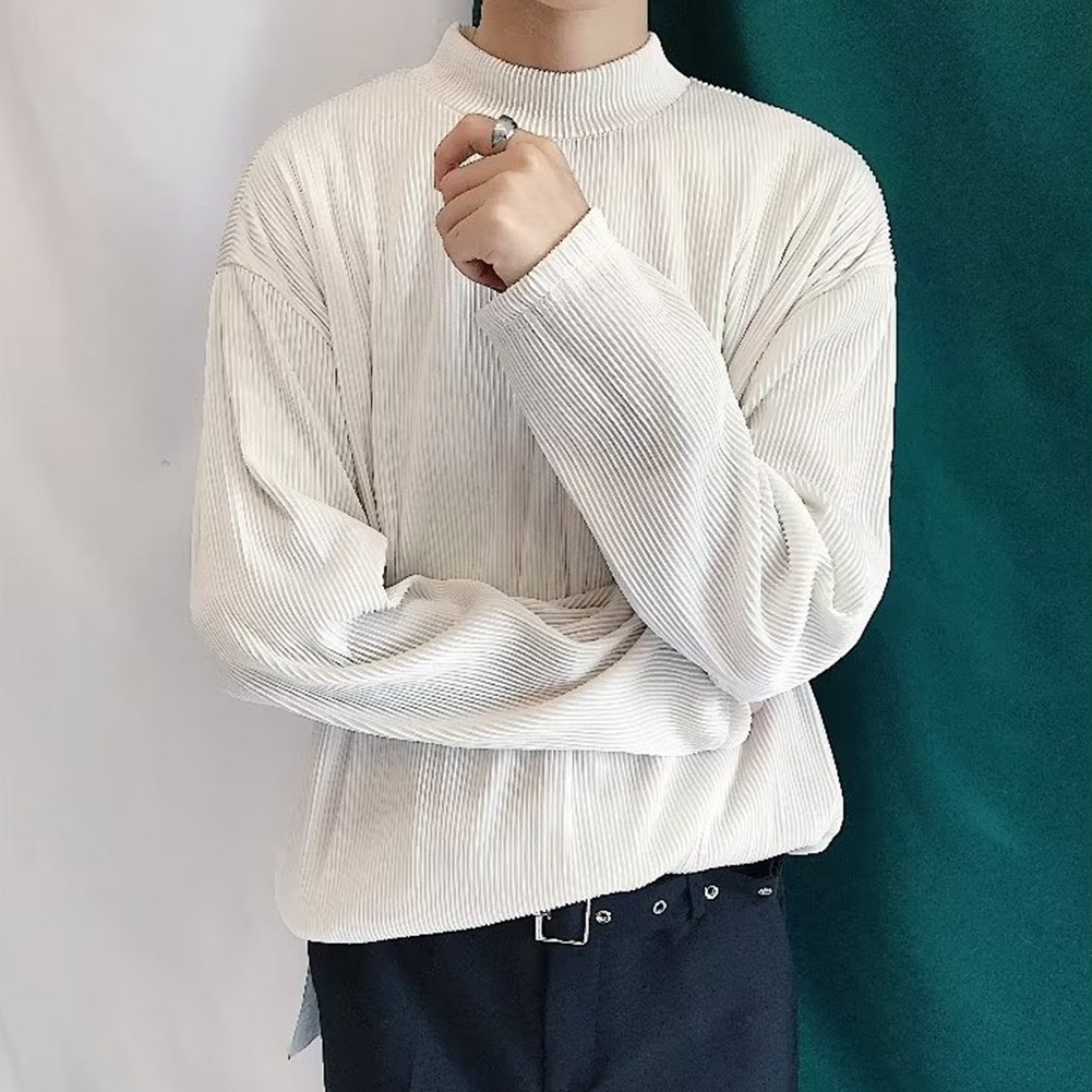 Mens Casual Pleated Drape Half Turtleneck T Shirt for Daily Wear and Commuting