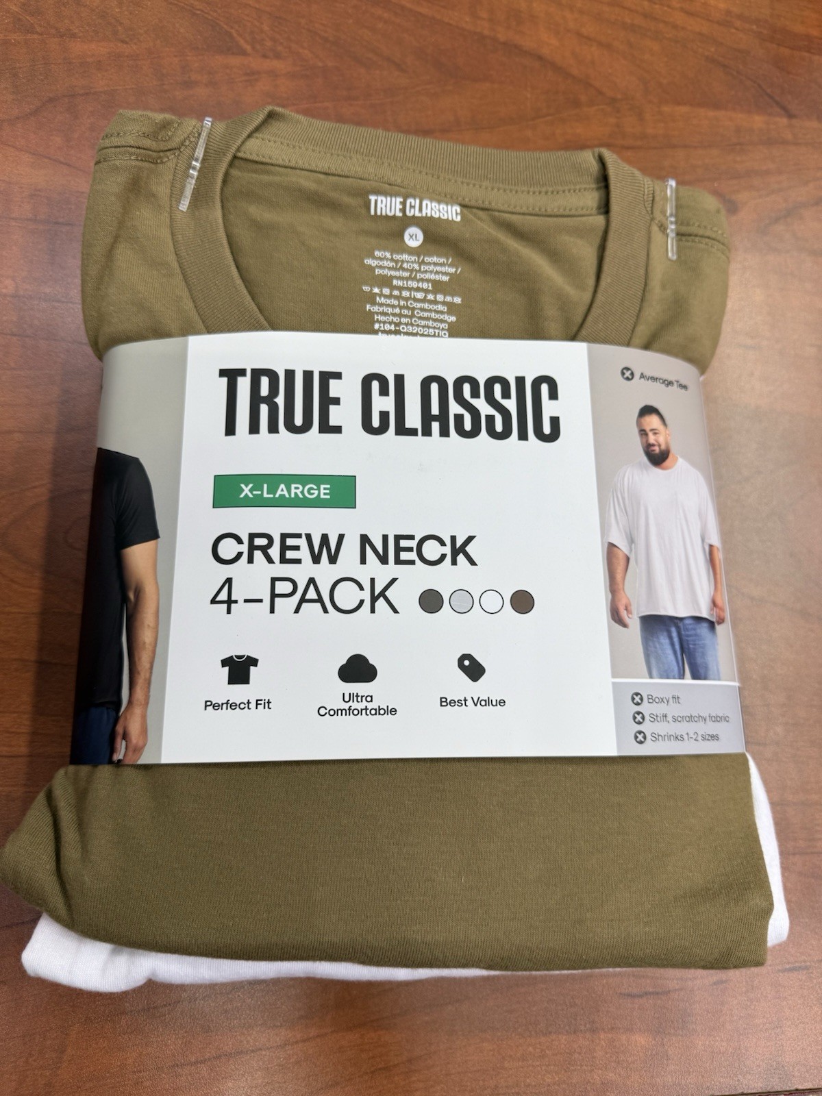 True Classic 4 Pack Crew Neck Men’s Tees Size XL – Green/Grey/White/Dessert