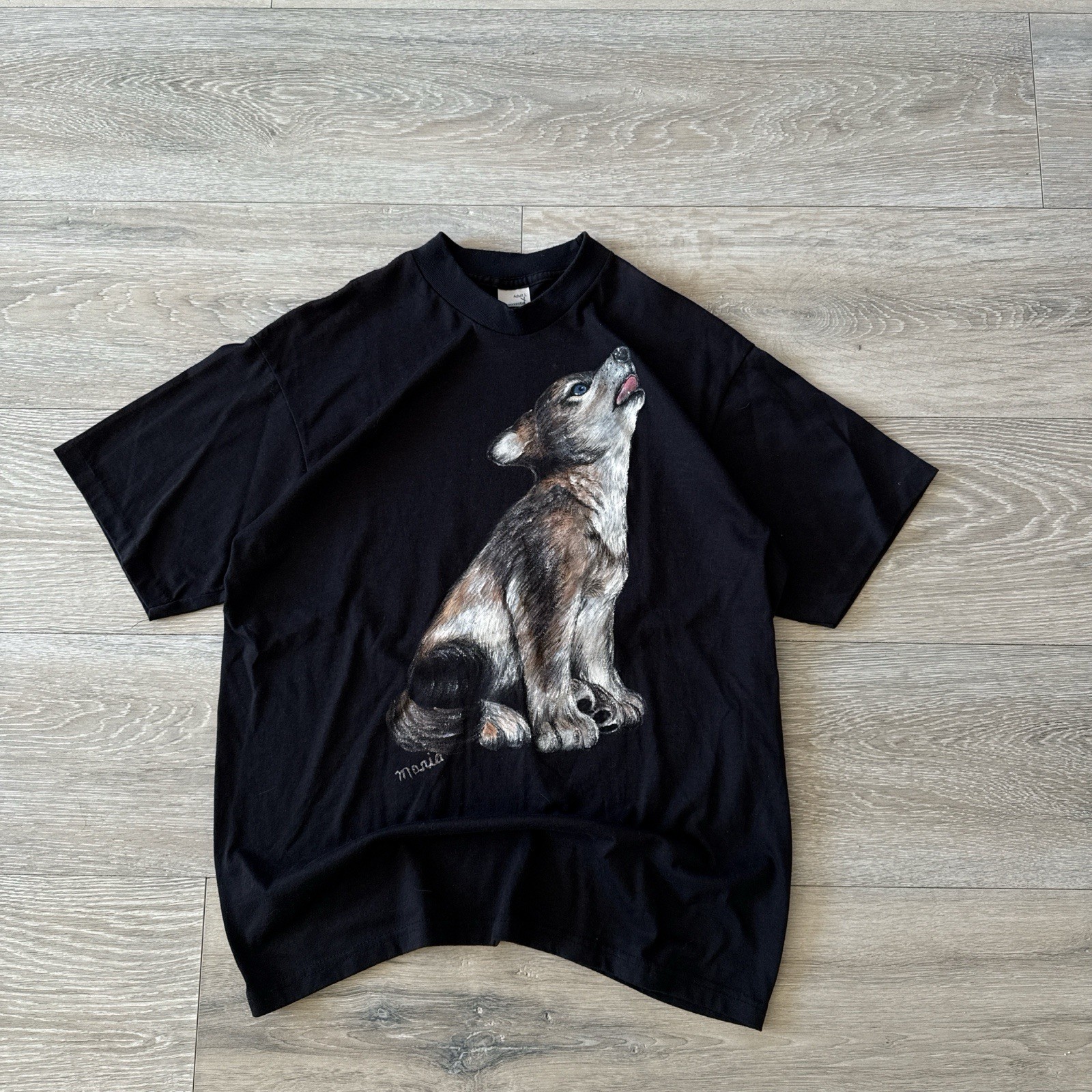 Augusta Sportswear VTG Black T-Shirt Graphic Wolf Print Single Stitch Sz L Adult