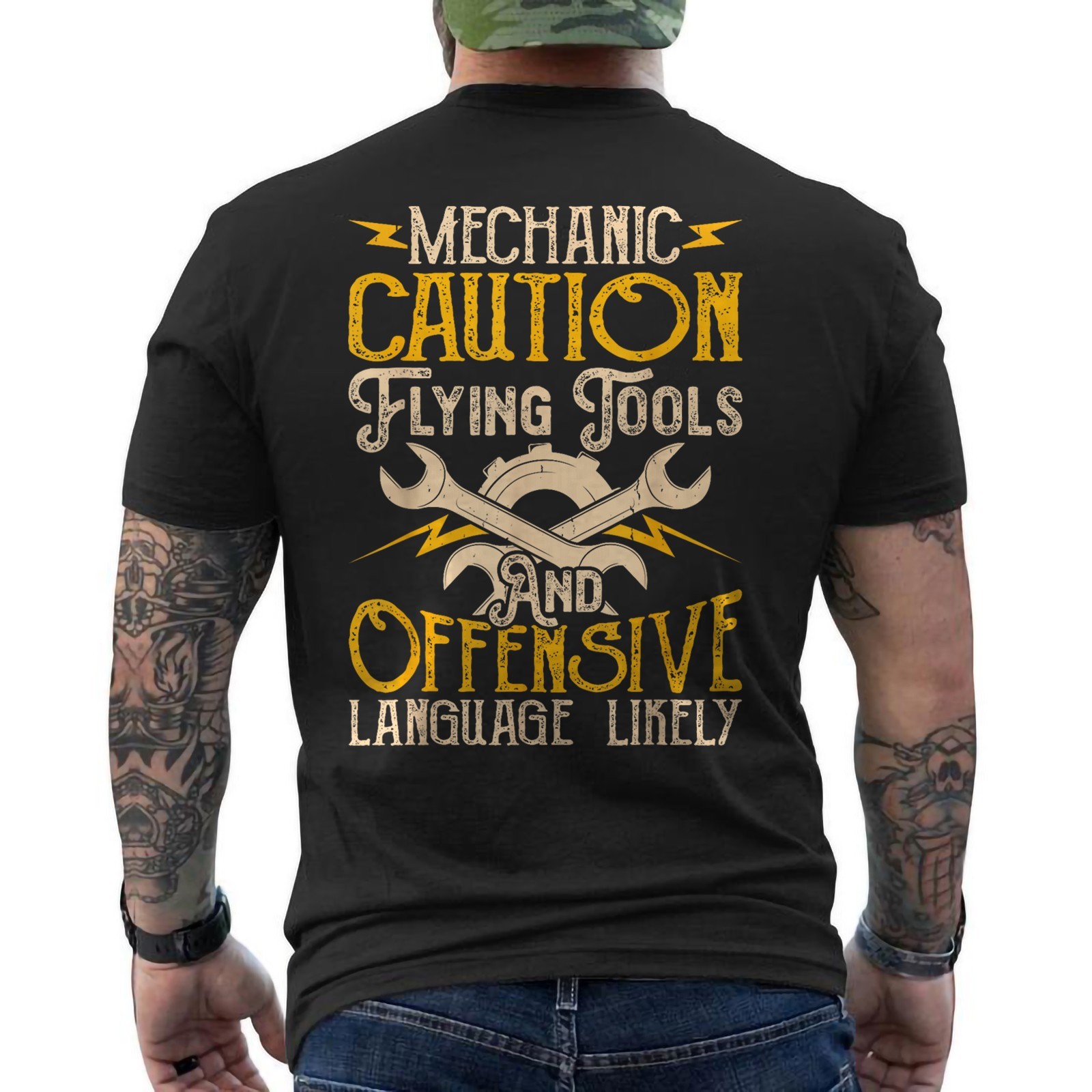 Mechanic Caution Flying Tools And Offensive Language Likely ON BACK T-Shirt