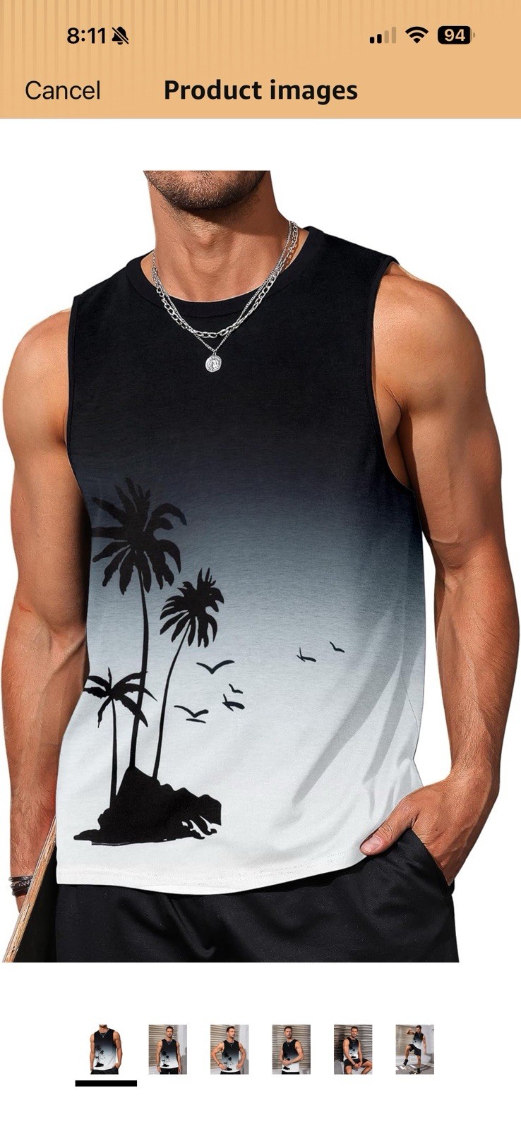 Men’s Black/White Ombre Palm Tree Graphic Tank T-Shirt, Crew Neck, Size 2XL