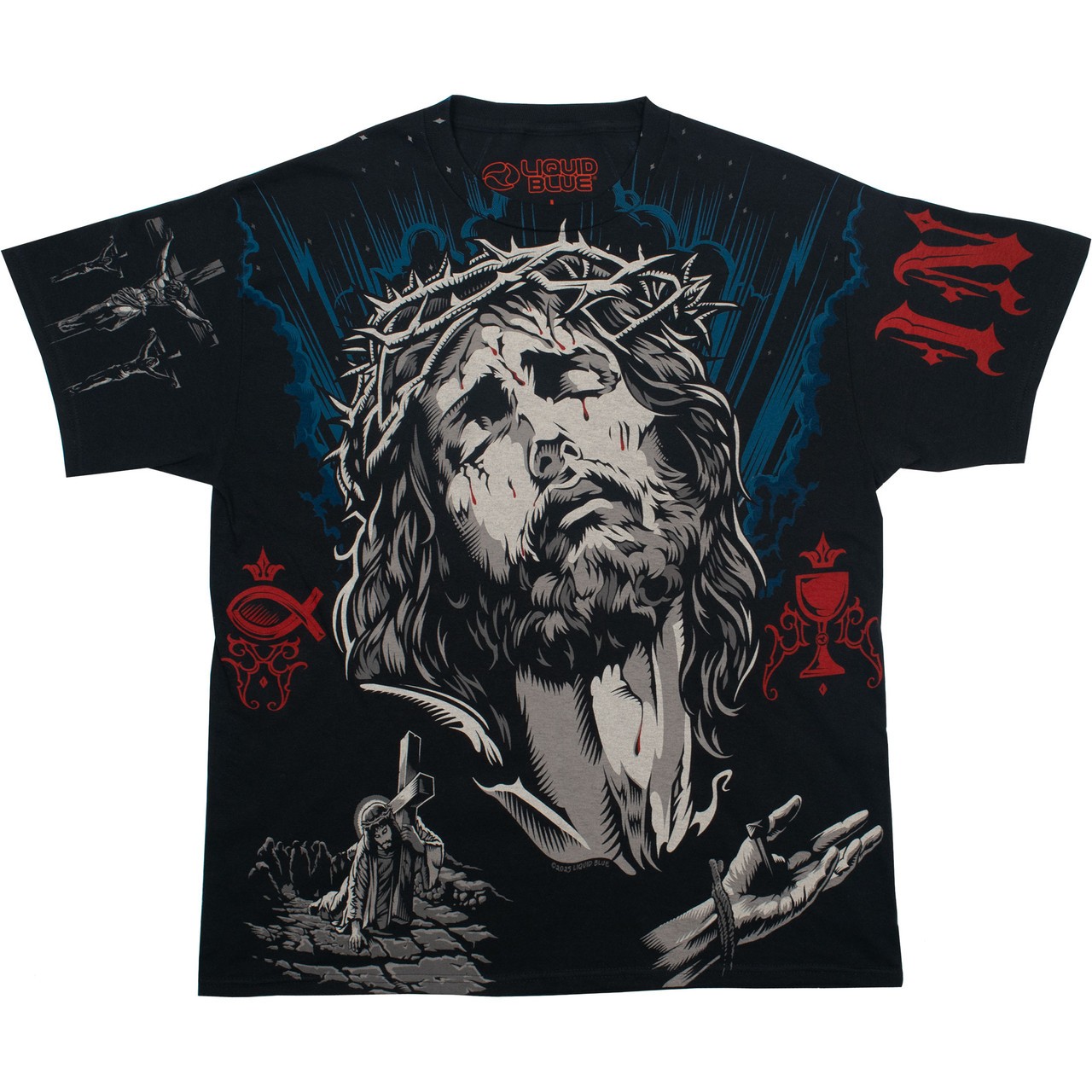 Jesus Ascension Black T-Shirt Liquid Blue