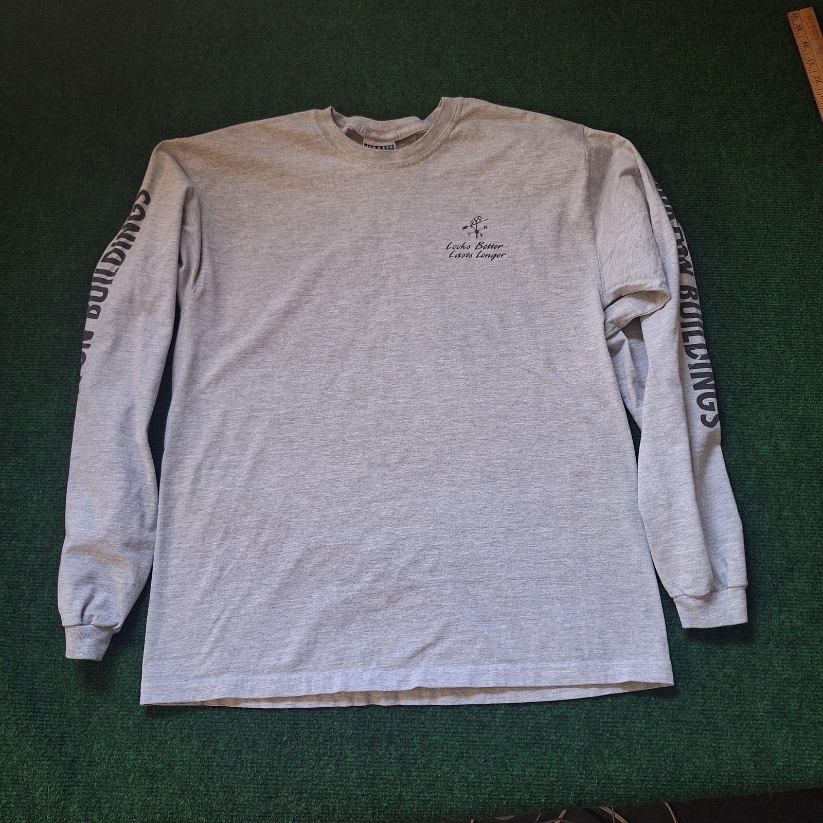 Morton Buildings Shirt Mens Medium Gray Long Sleeve Jerzees Workwear Slogan Tee