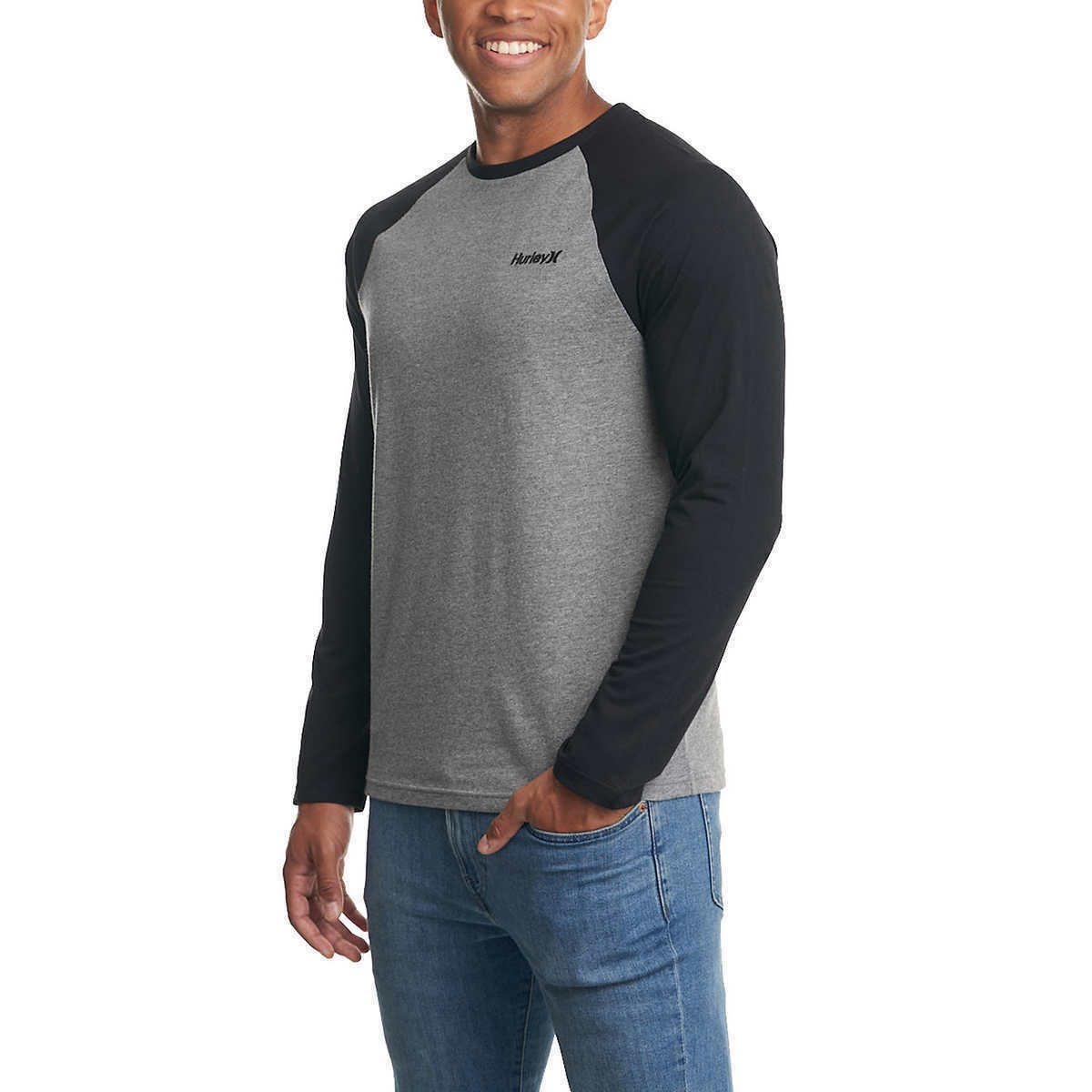 Hurley Men’s Raglan Embroidered Logo Long Sleeve Tee T-Shirt Large