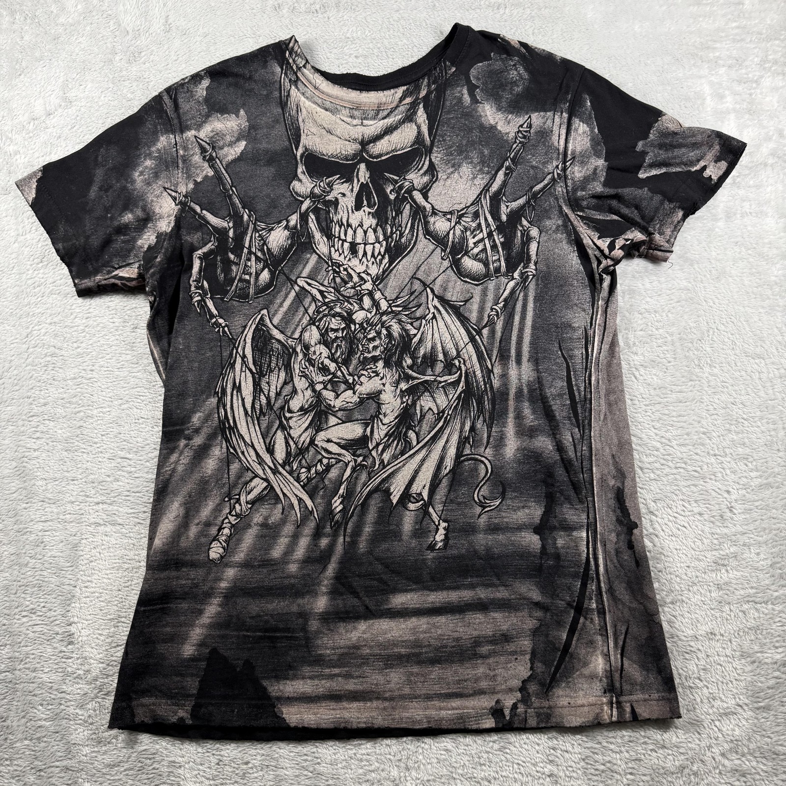RARE VTG Affliction Shirt Mens L Black Puppet Master God Vs Devil Demon AOP Y2K