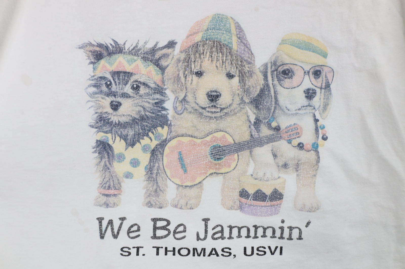 Vintage 90s Streetwear Mens XL Distressed We Be Jammin Dogs Puppy T-Shirt White