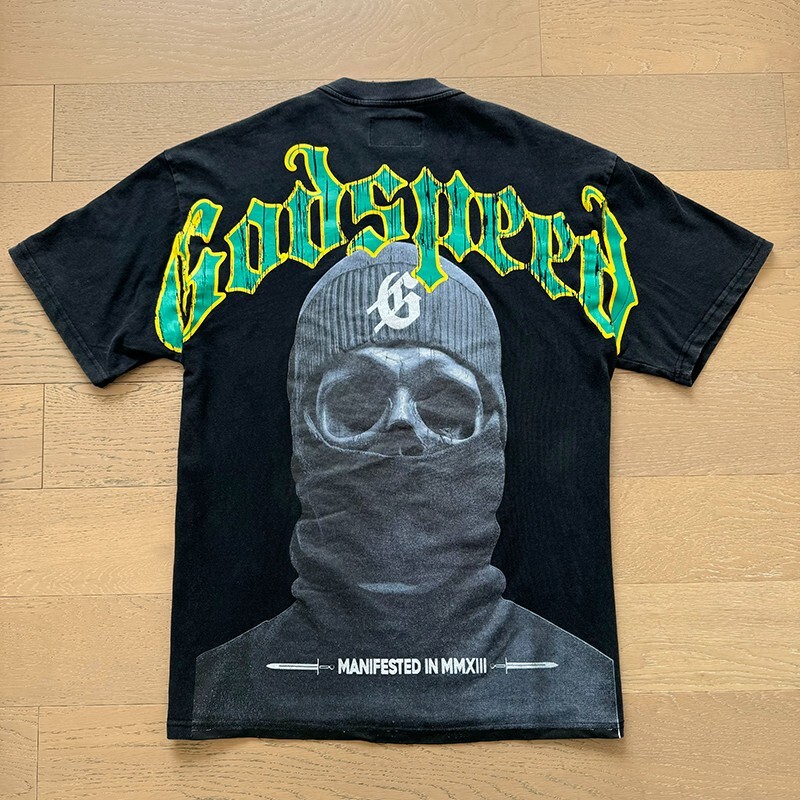 NEW Godspeed Masked Skull Print Logo tee men’s washed short sleeved T-shirt