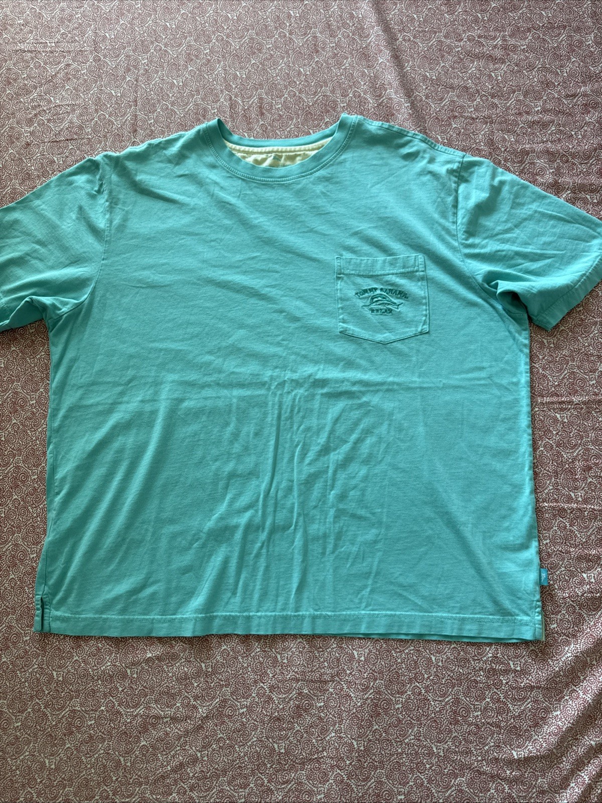 Tommy Bahama T Shirt Mens Medium Relax Pocket Tee Cotton Teal Blue Marlin Logo