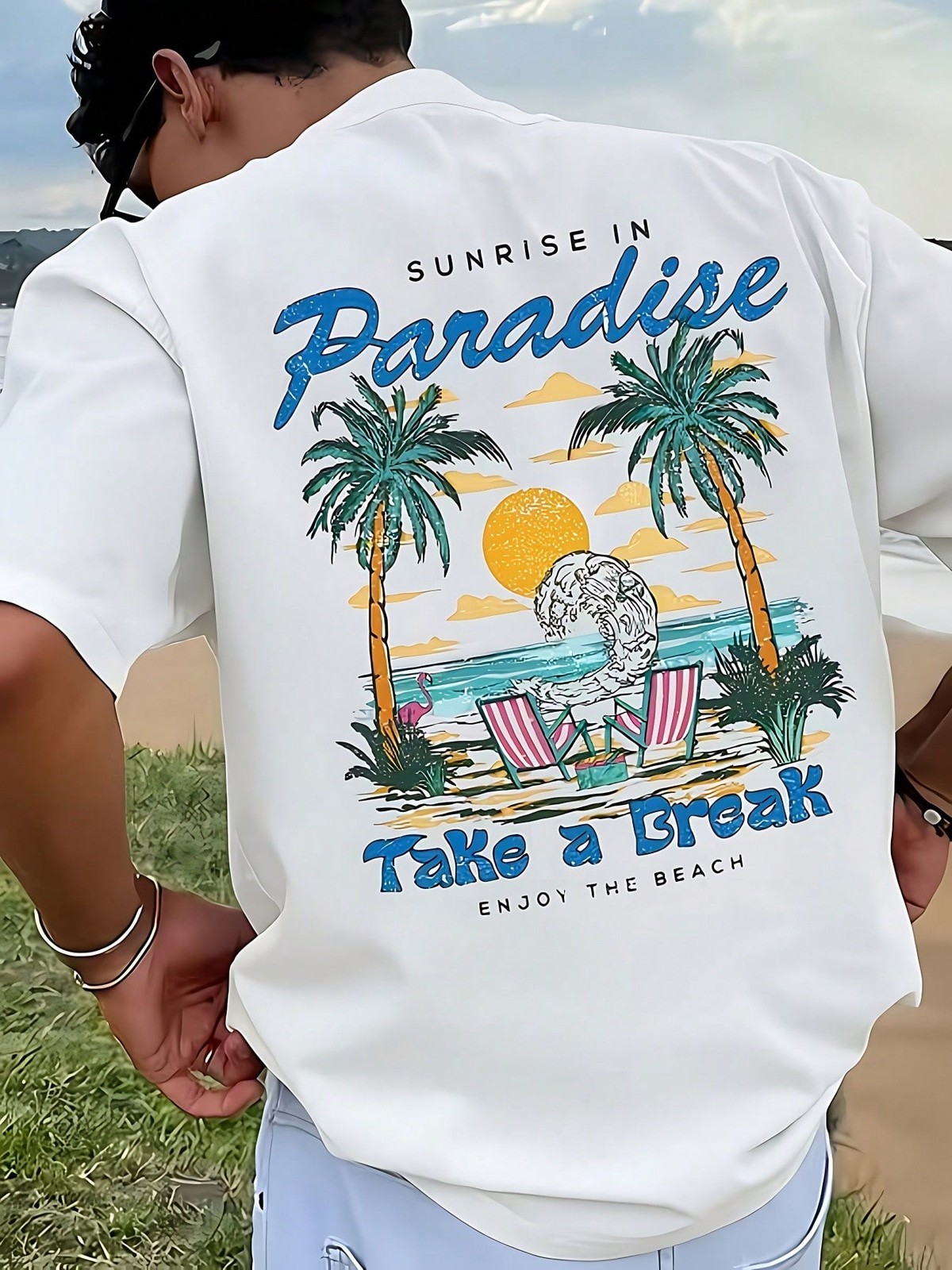 Men’s “Sunrise In Paradise” Beach Graphic T-Shirt, Casual Summer Vacation Tee
