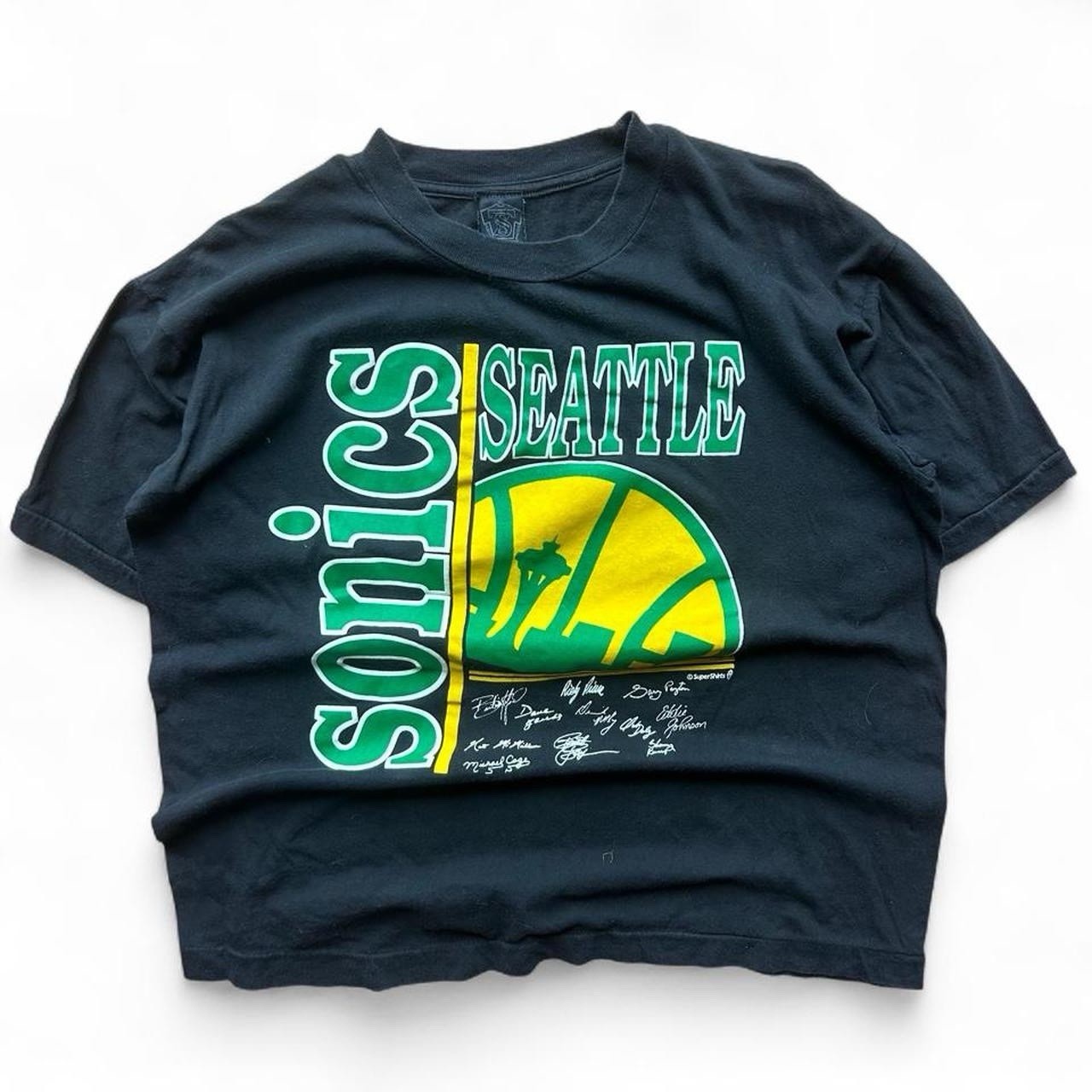 90s vtg Seattle SuperSonics NBA Graphic Tee single-stitch black tee XL