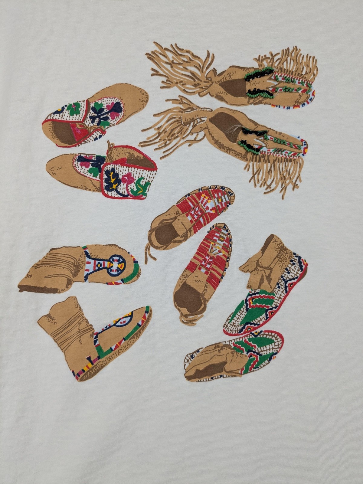 Vintage Central Falls Shirt Mens One Size White Beaded Moccasins Graphic USA 90s
