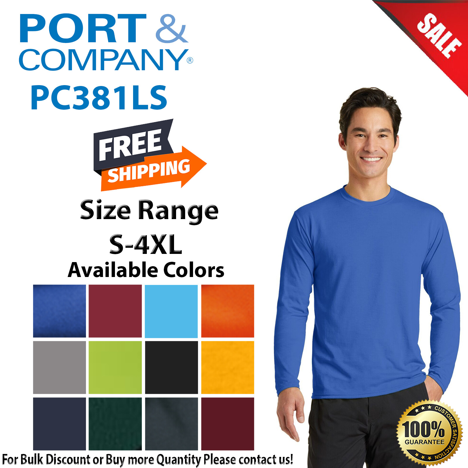 Port & Company PC381LS Mens Long Sleeve Performance Blend Crew Neck T-Shirt