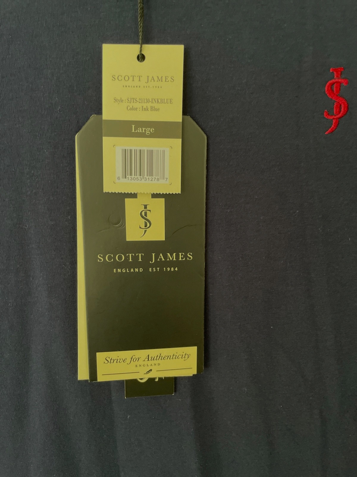 NWT SCOTT JAMES ENGLAND Ringer T-Shirt Embroidered Logo Stripe Accents Men’s L