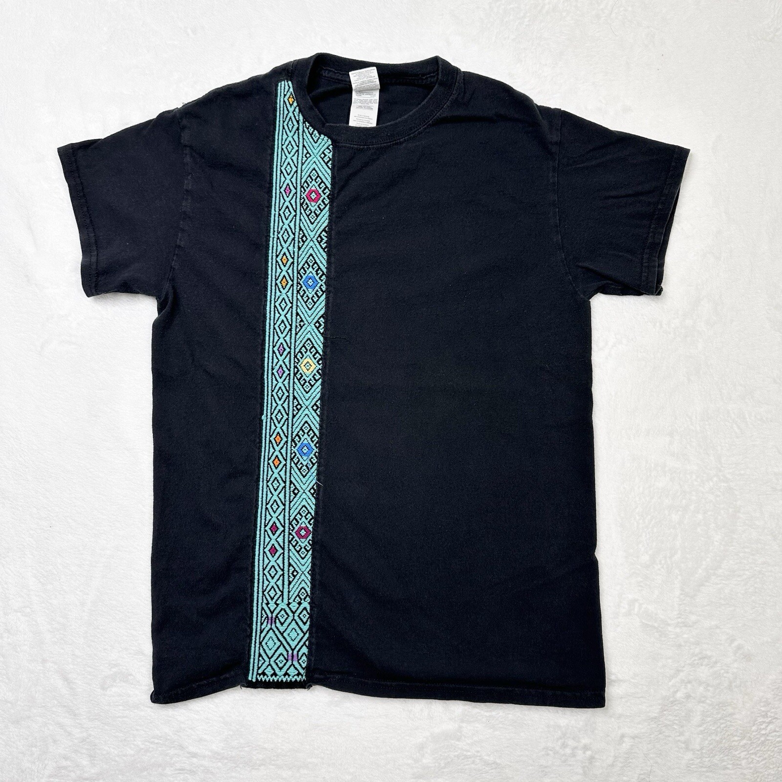 Black Embroidered Shirt Mens Small Artisanal Fiesta Black Blue Woven Stripe