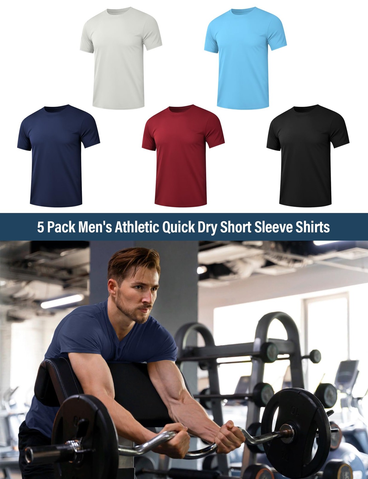 5 Pack Men’s Dry Fit Workout Gym T Shirts, Short Sleeve Active Running Athlet…