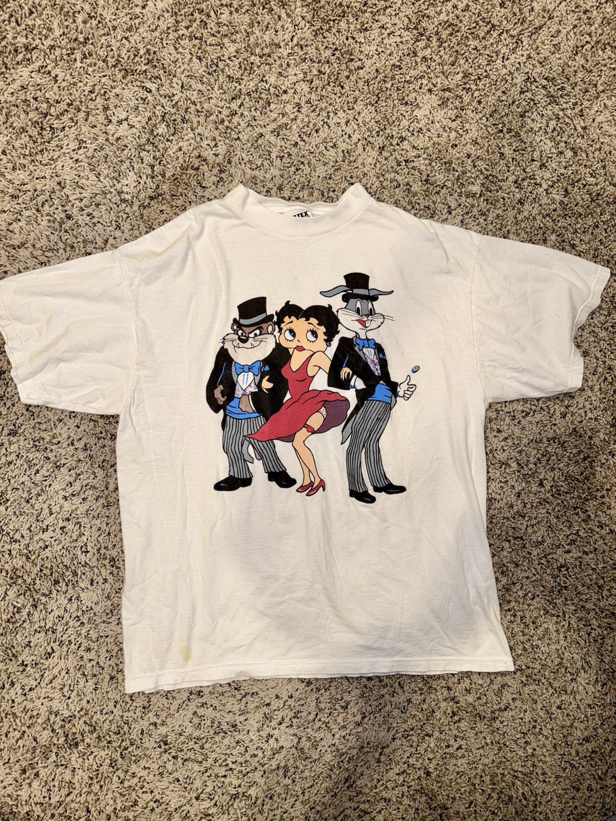 Vintage 90s Cotton Preshrunk Graphic Print T-Shirt White Mens XL Betty Boop Bugs