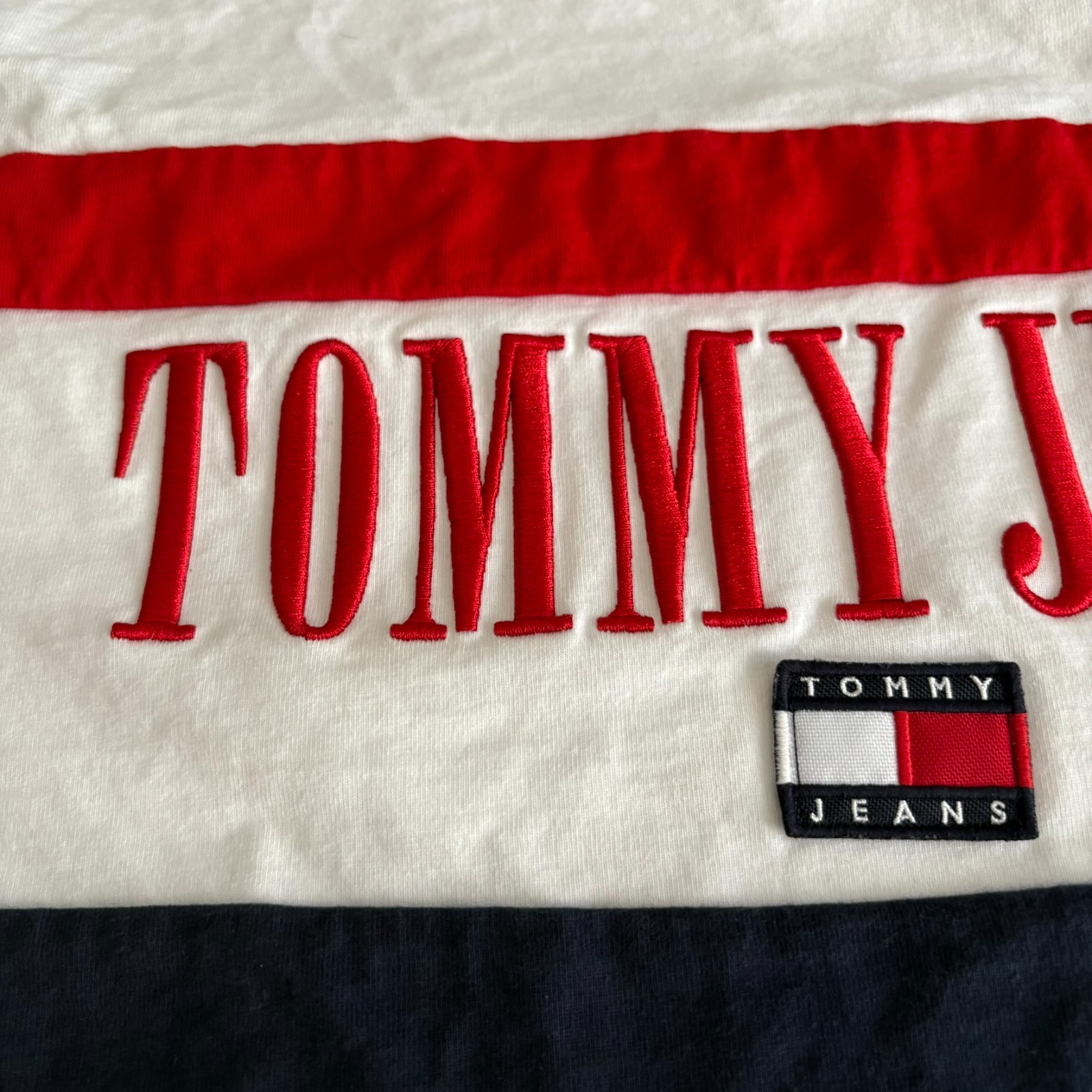 Tommy Jeans Oversized Fit Color Block T-Shirt L Flag Logo Embroidered VTG 90 80