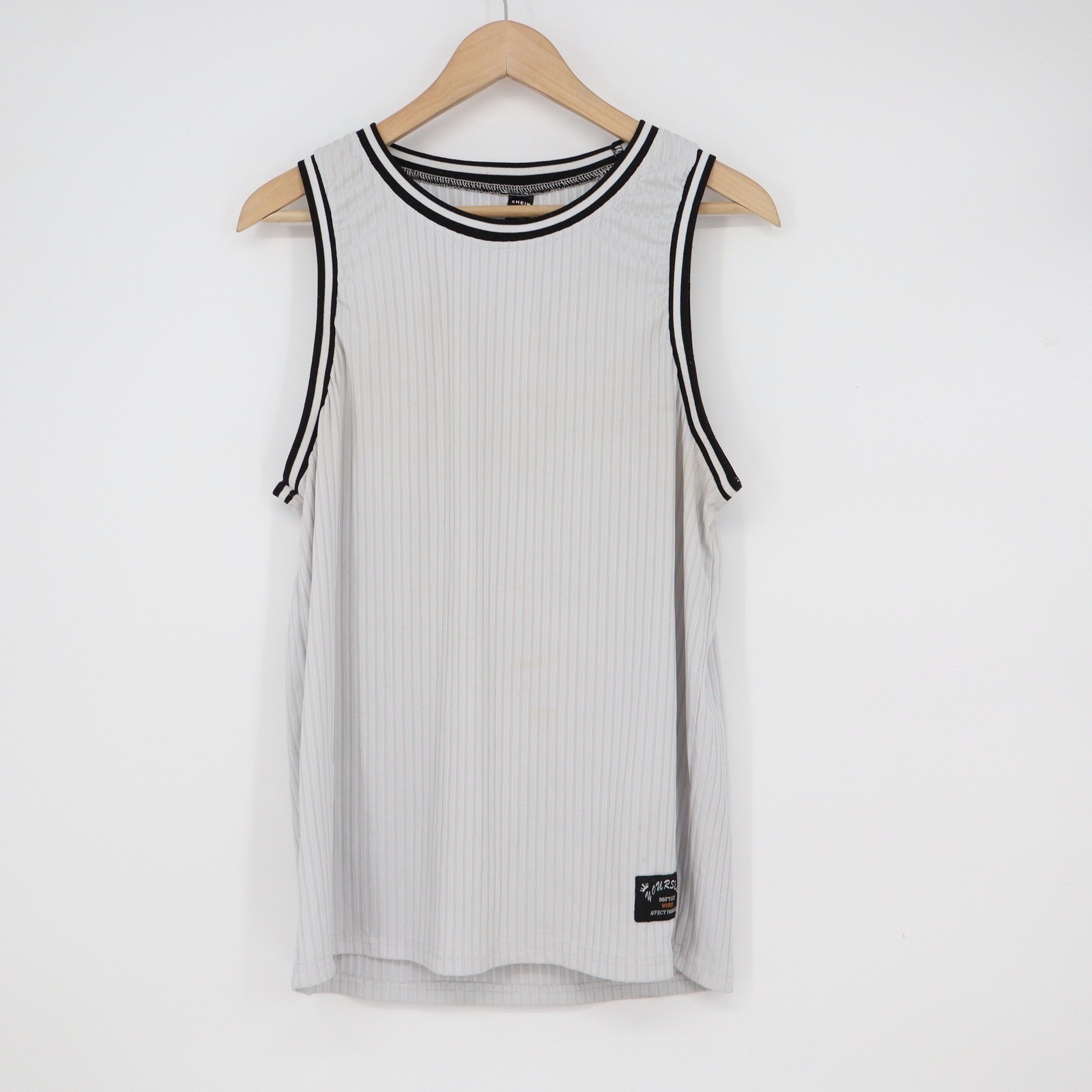 SHEIN Mens Grey Ribbed Tank Top Contrast Trim Graphic Patch Size M 10388