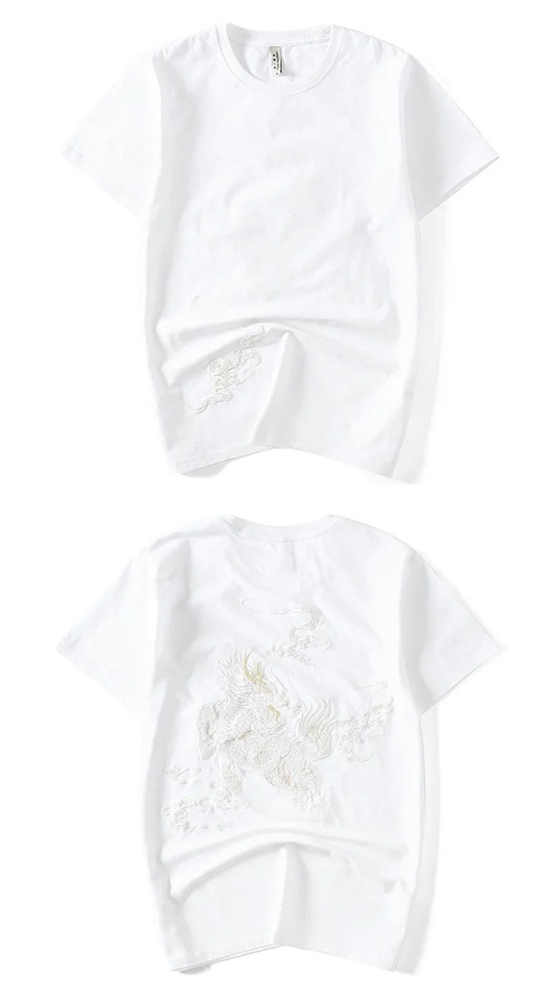Men Embroidered Mythical Beast T-Shirt Sukajan Cotton Short Sleeve Hip Hop Tee