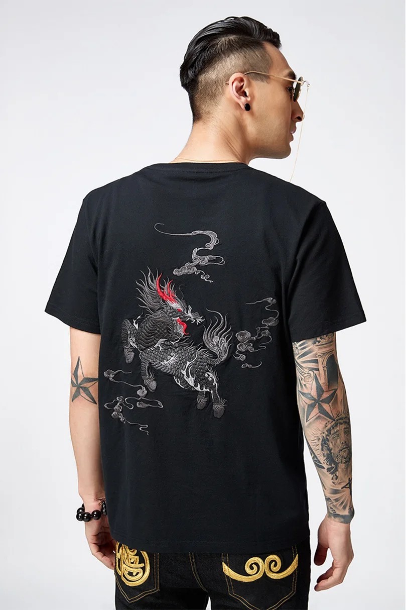 Men Embroidered Mythical Beast T-Shirt Sukajan Cotton Short Sleeve Hip Hop Tee