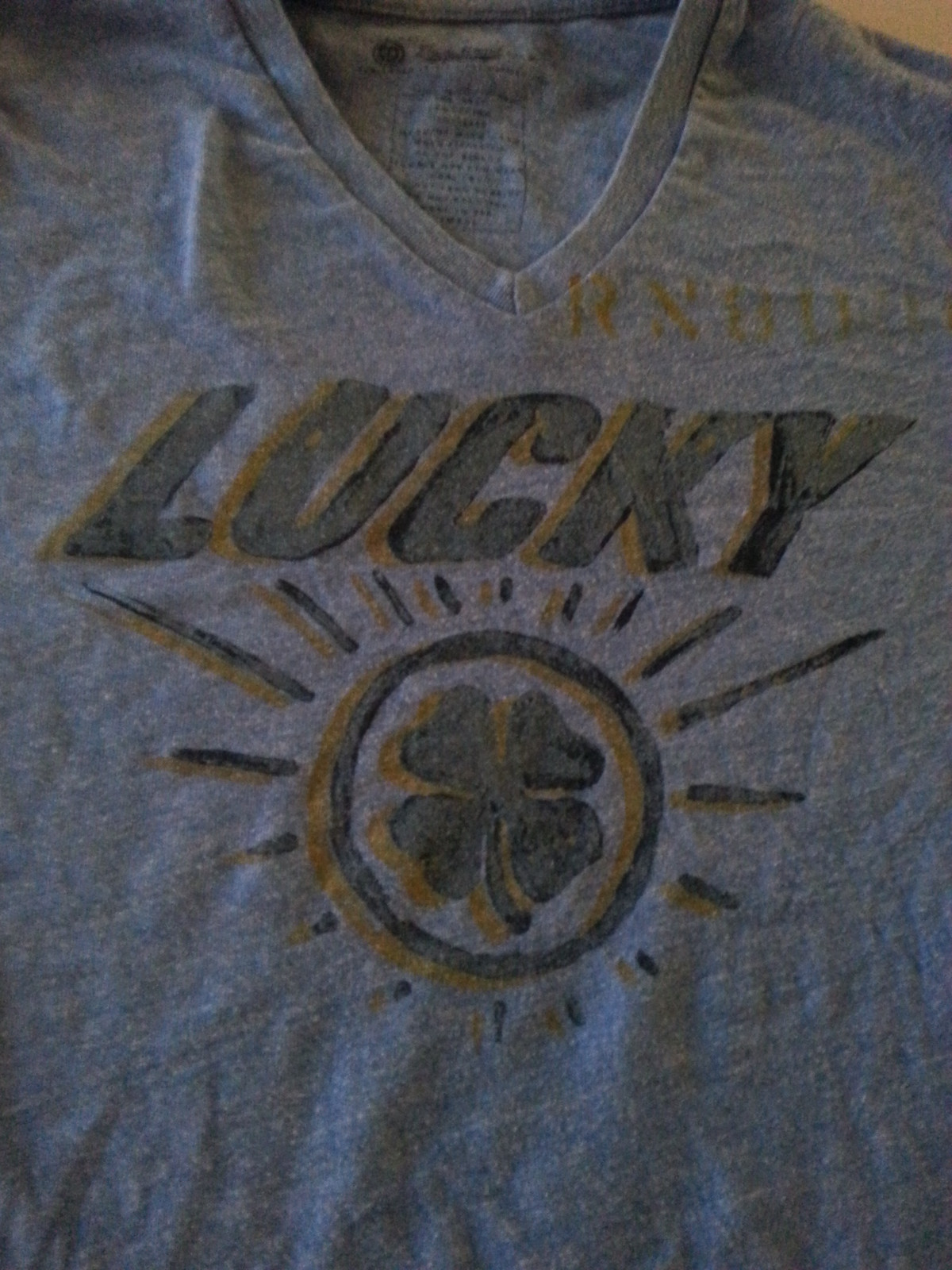 LUCKY BRAND MENS SMALL S V-NECK BLUE SHAMROCK IRISH POLY COTTON RAYON