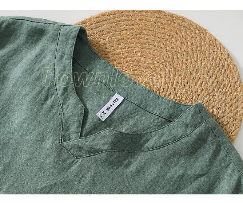Men 100% Linen V Neck T-shirt Retro Summer Short Sleeves Tops Casual Undershirt
