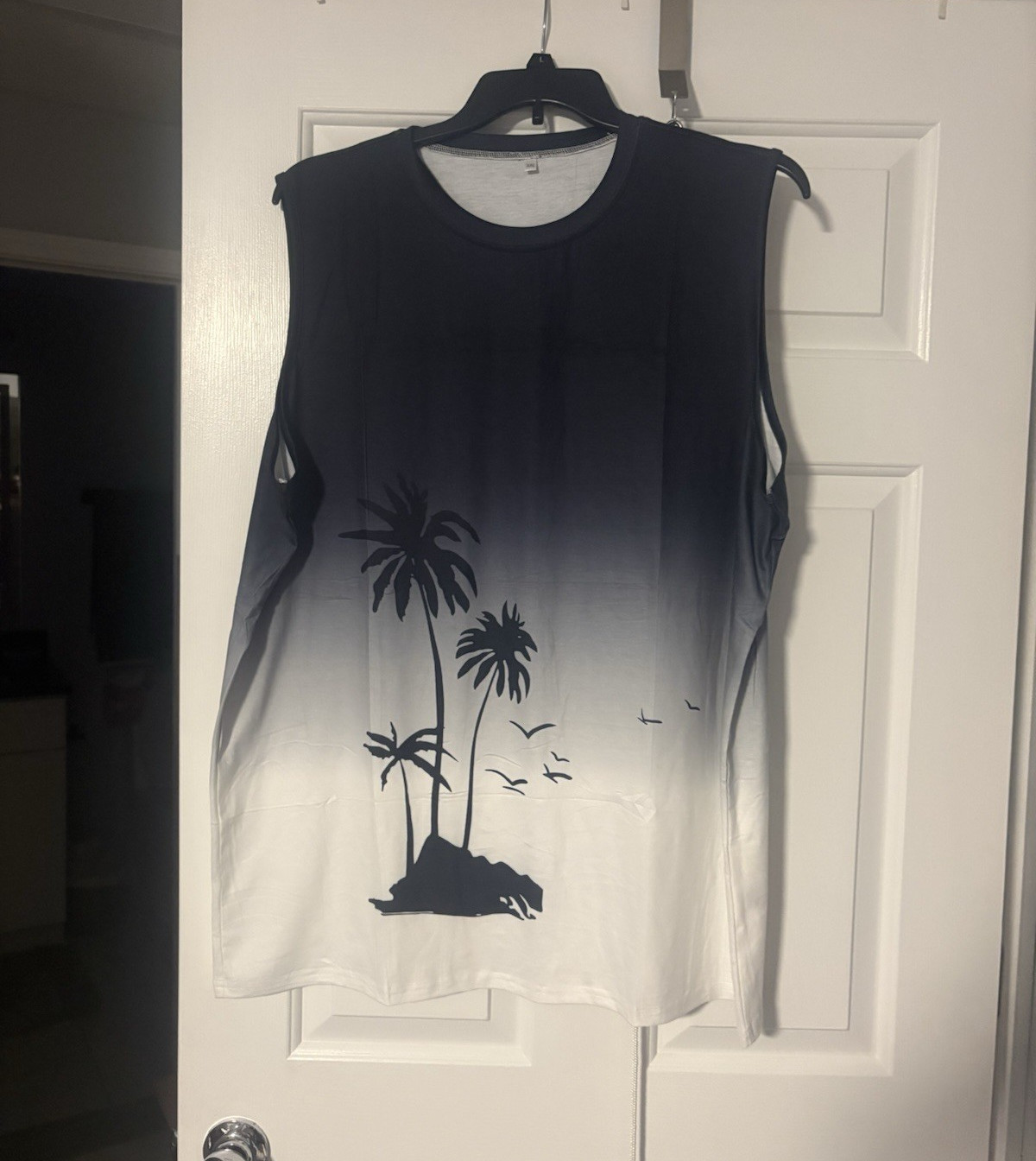 Men’s Black/White Ombre Palm Tree Graphic Tank T-Shirt, Crew Neck, Size 2XL