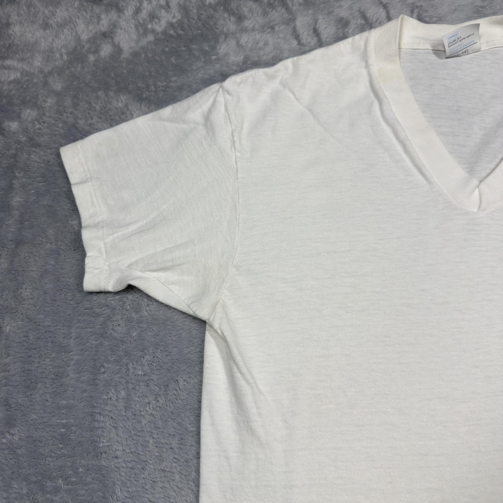 Vintage Sears Shirt Mens Large White V Neck Single Stitch Thin Stained 80s