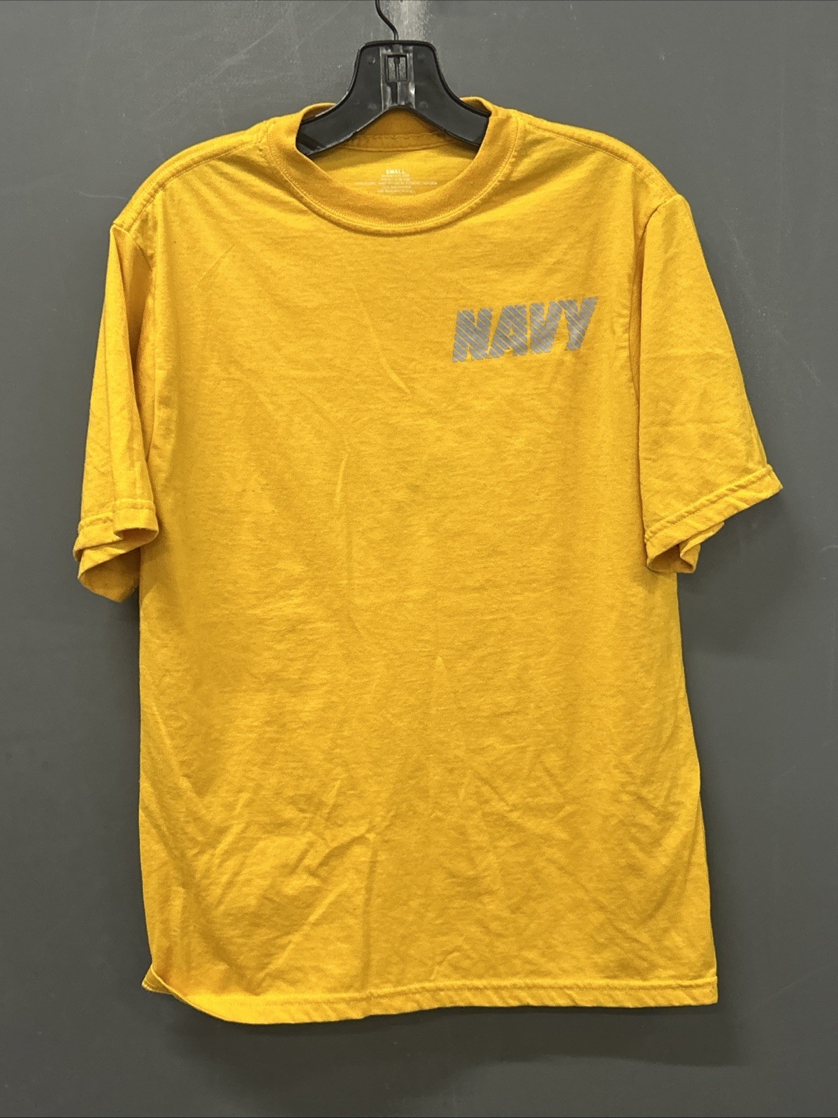 US Navy Men T-Shirt Size Small Mustard Graphic Shiny Lettering Short Sleeve