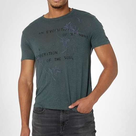 John Varvatos Men’s Evolution Floral Embroidery Linen SS Crew T-Shirt Dried Sage
