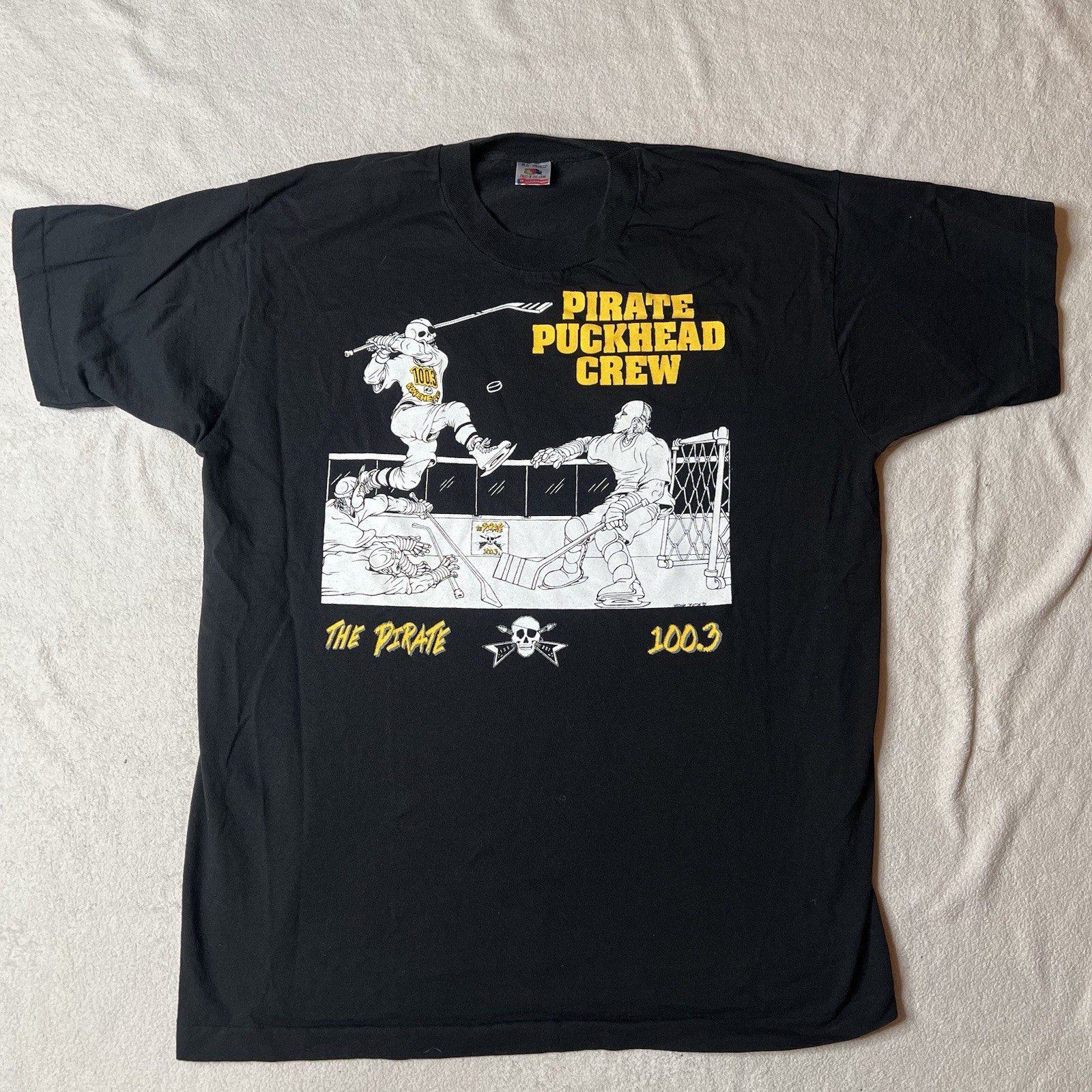 Vintage 90s Pirate Radio 100.3 FM Puck Head Crew XL Black T-Shirt Tee LS Station