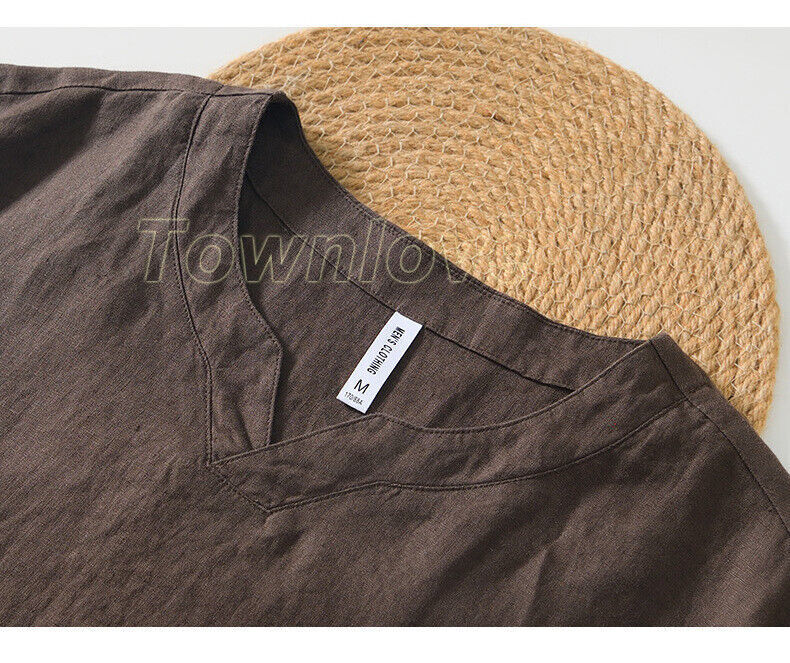 Men 100% Linen V Neck T-shirt Retro Summer Short Sleeves Tops Casual Undershirt