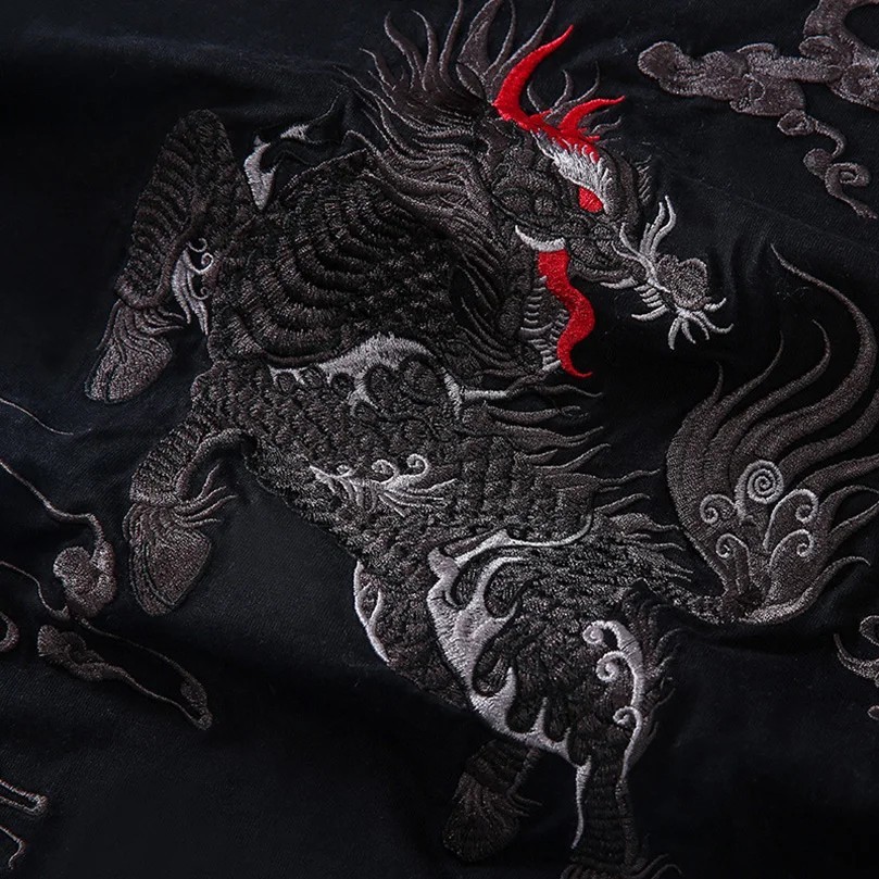 Men Embroidered Mythical Beast T-Shirt Sukajan Cotton Short Sleeve Hip Hop Tee