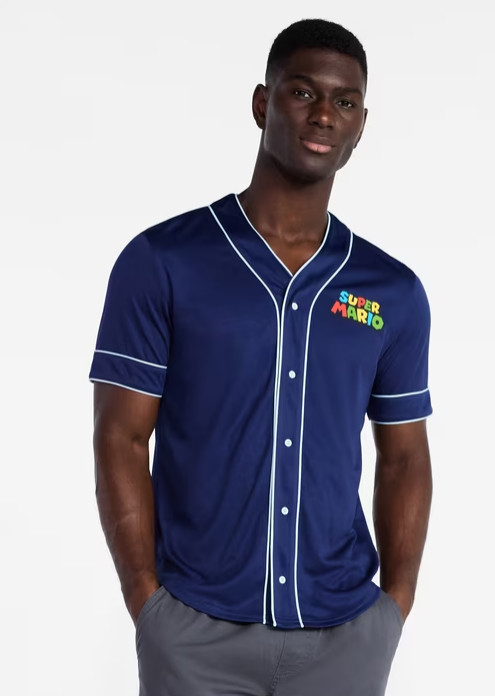 Nintendo Super Mario Men’s Baseball Jersey Button Up Short Sleeve Shirt Large
