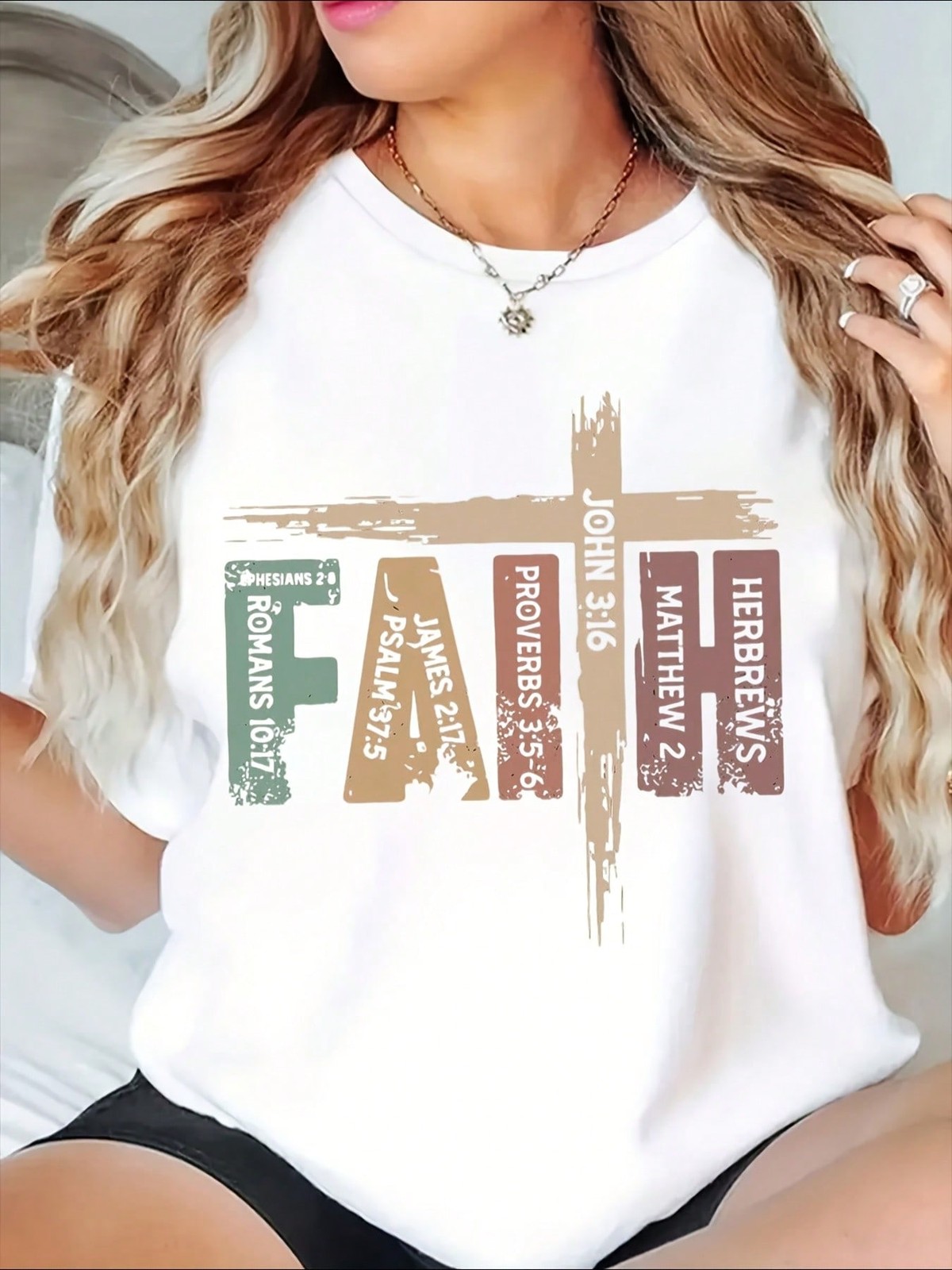 Faith Cross Bible Verse Women’s Christian Spiritual Inspirational Casual Tee