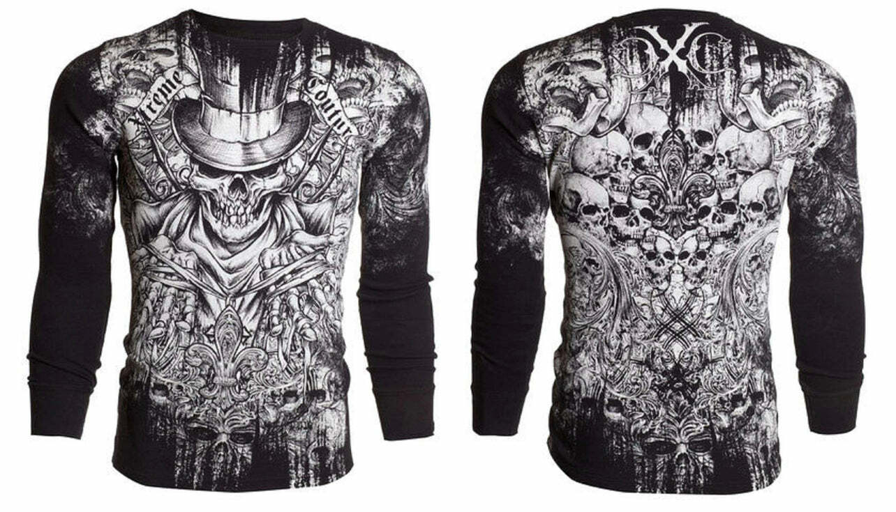 Xtreme Couture by Affliction Men’s Thermal Shirt OFFERING Black Skull Biker