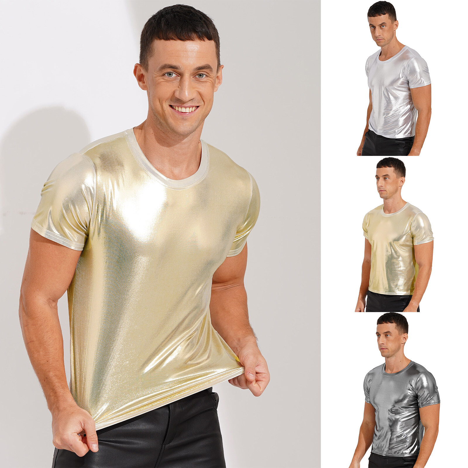 Mens Tank Vest Athletic T-shirt Festival Tops Stretchy Sport Tops Shiny Workout