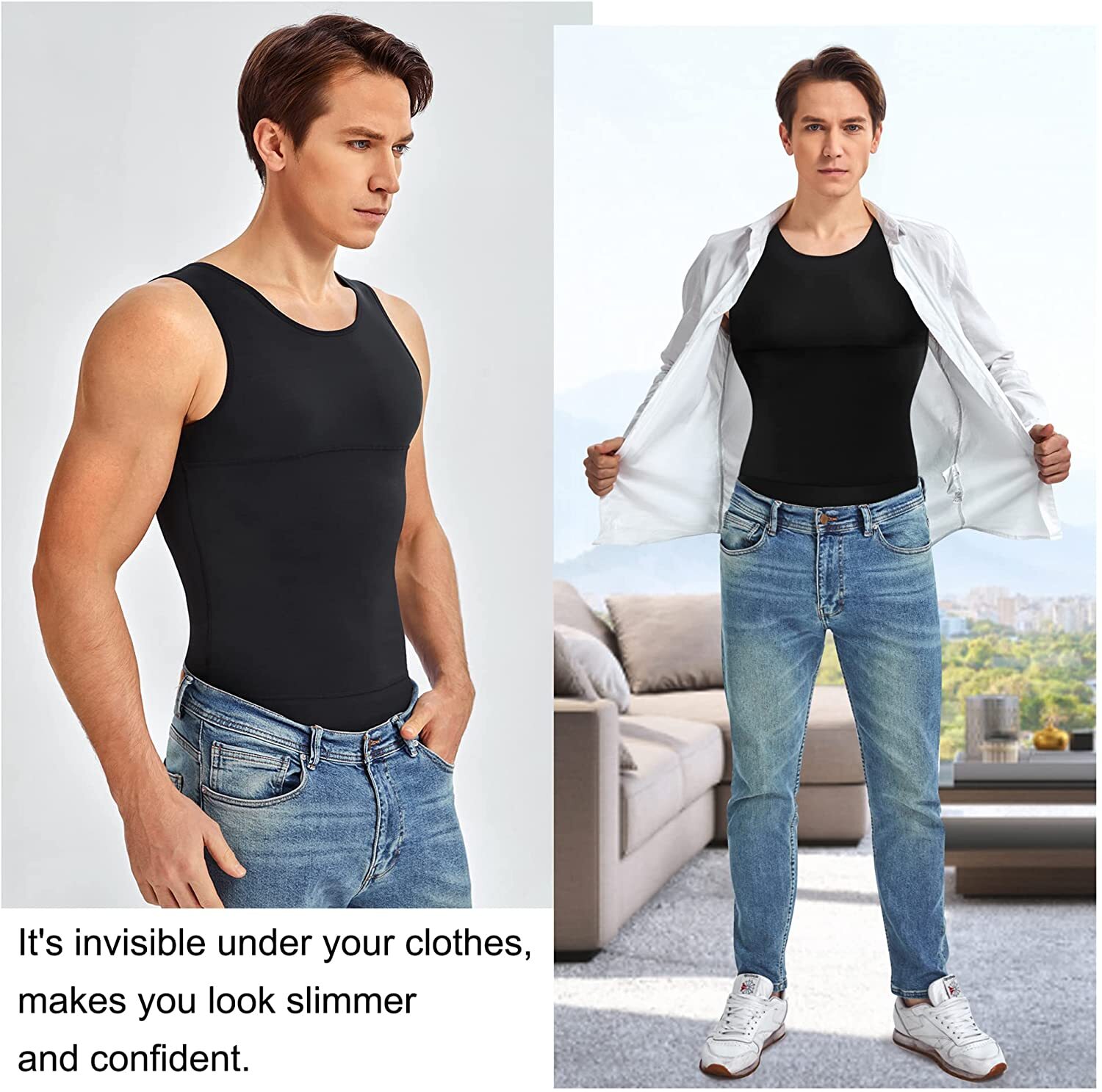 Mens Compression Shirts Slimming Body Shaper Vest Tight Tank Top Tummy Control