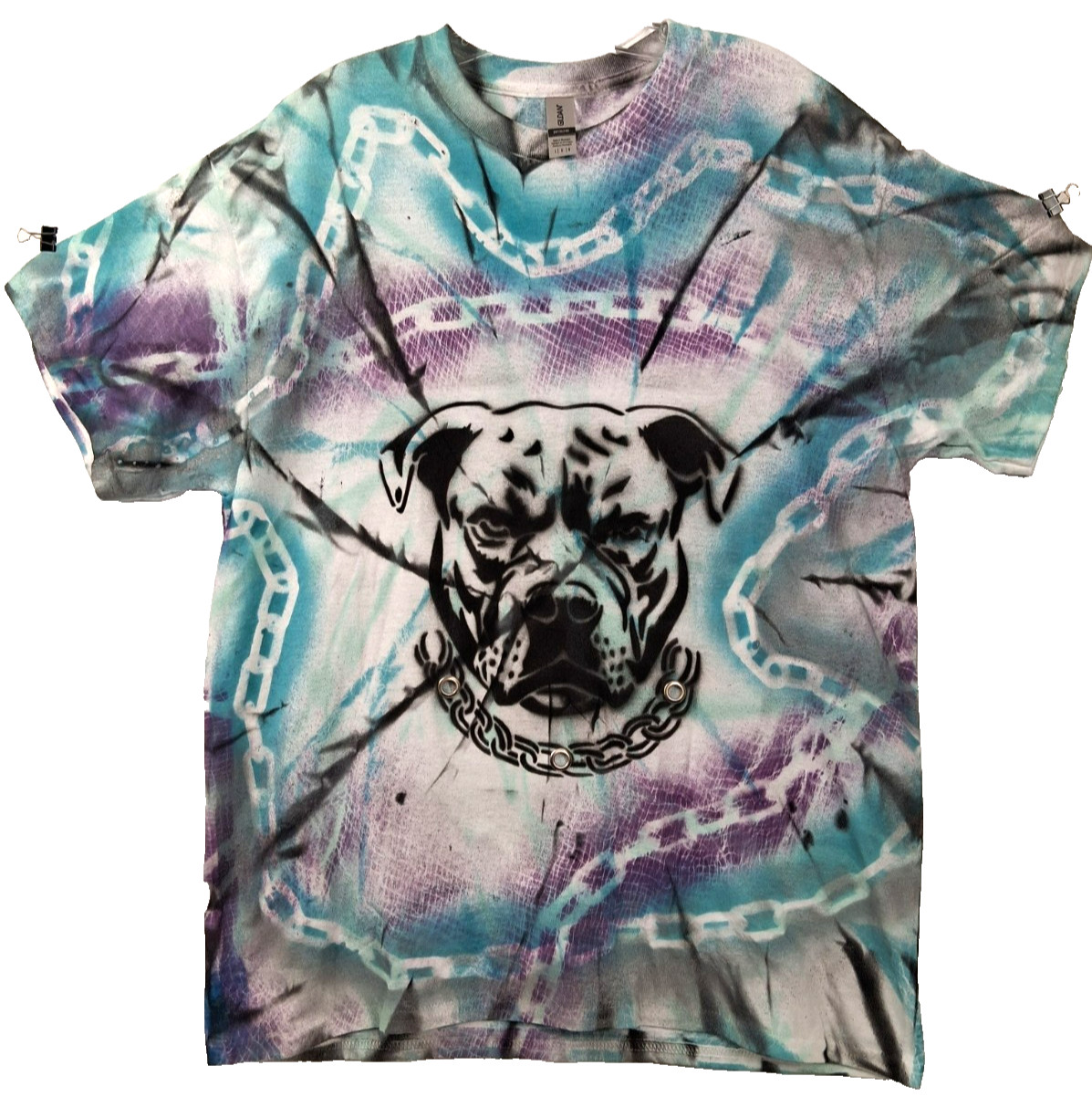 Hand Painted T Shirt Large White Black Blue Graffiti Rave Festival Dog Chains