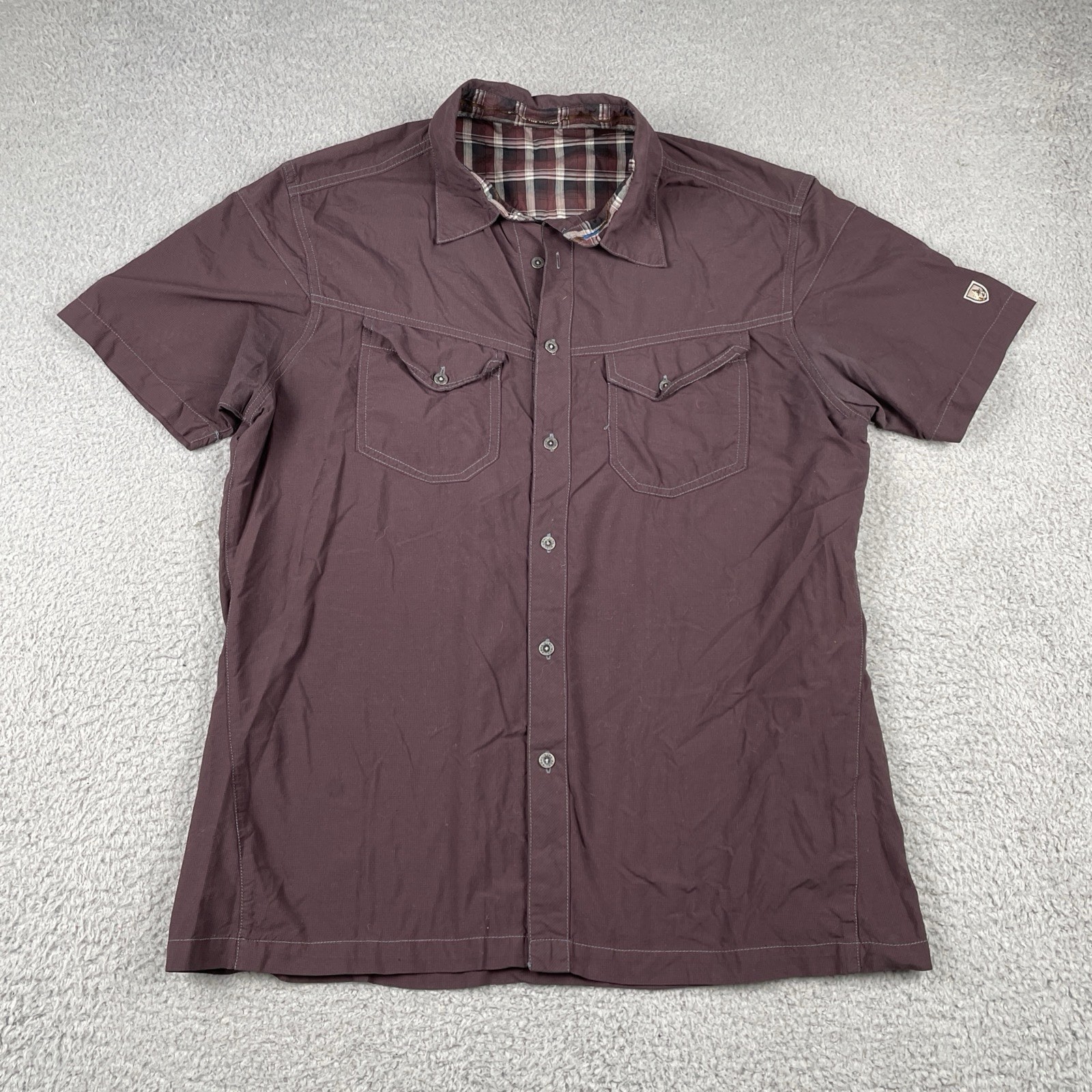 Kuhl Outdoors Button Up Pocket Adventure Shirt Micro Plaid Nylon Medium Maroon
