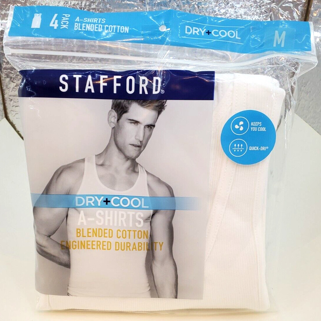 Stafford Dry+Cool 100% Blended Cotton A-Shirts Ribbed Tank Top 4 Pack Medium