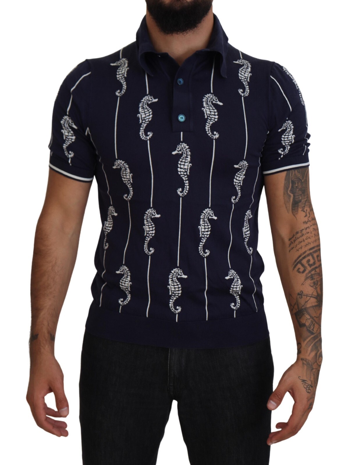 DOLCE & GABBANA T-shirt Dark Blue Sea Horse Collared Polo IT50/US40/L 1350usd