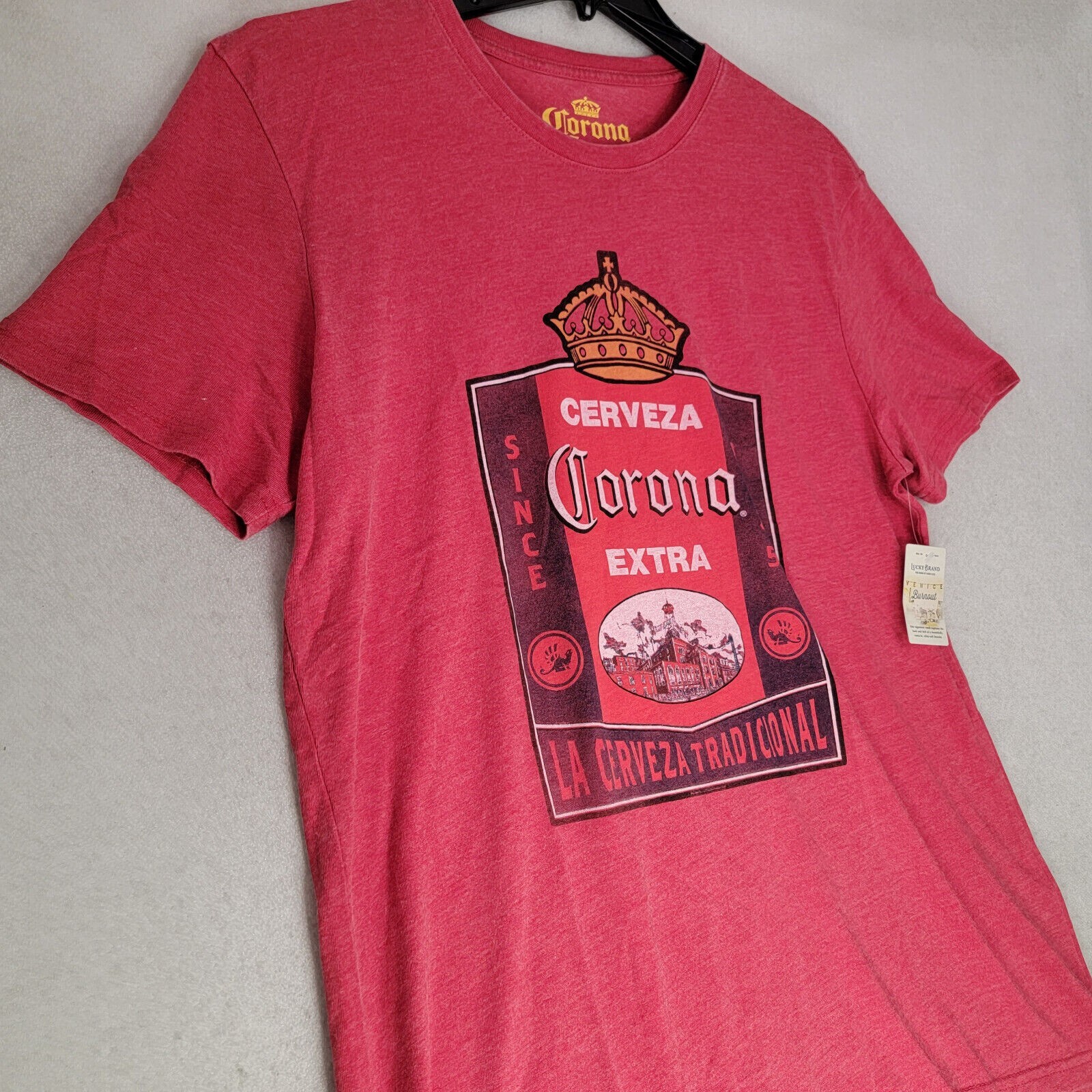 Lucky Brand Corona Beer Shirt Mens Large RED Casual Mexican Lager Distressed NWT