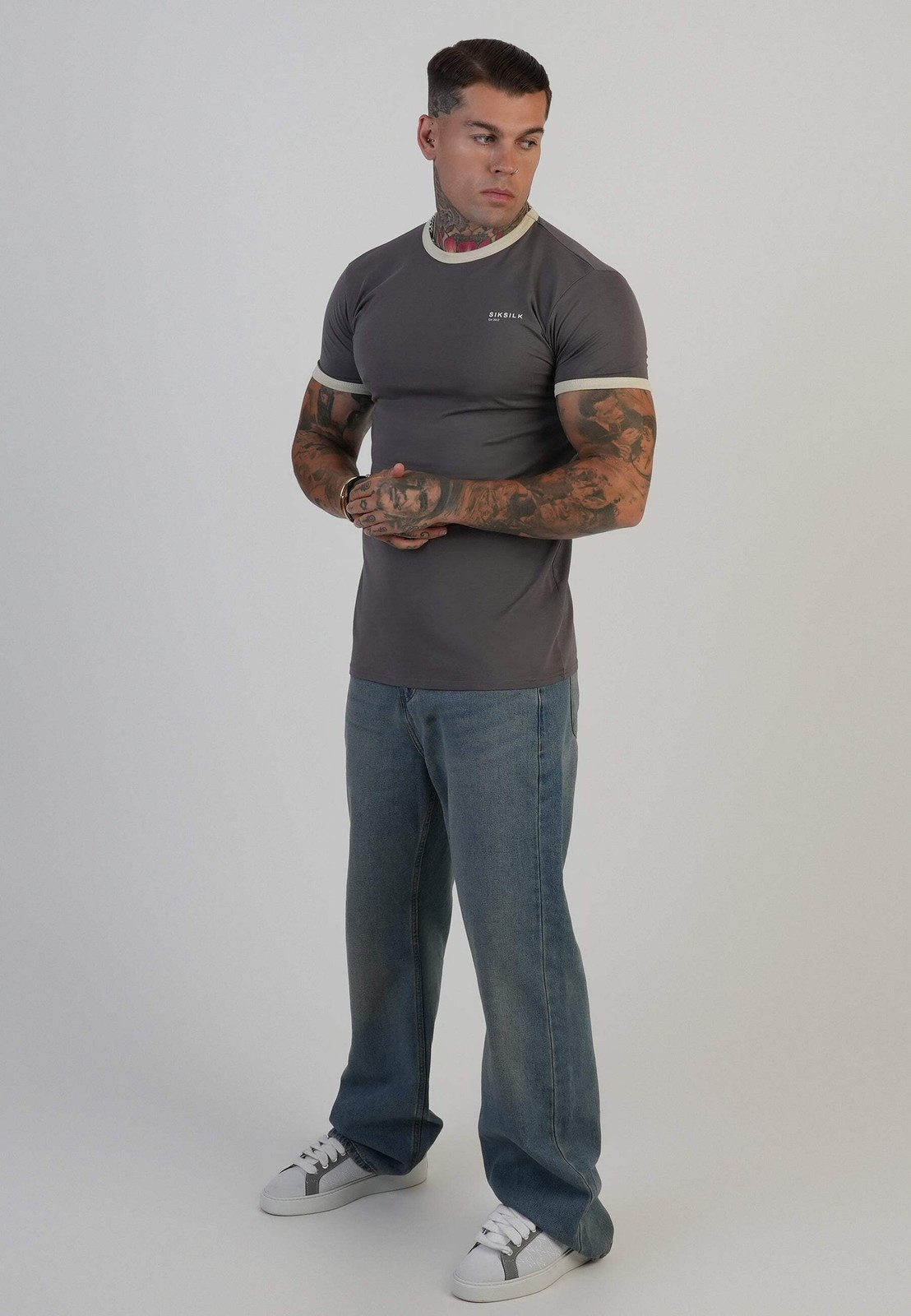 SikSilk Men’s Short Sleeved Crew Neck Muscle Fit Ringer T-Shirt Tee Grey and Ecr
